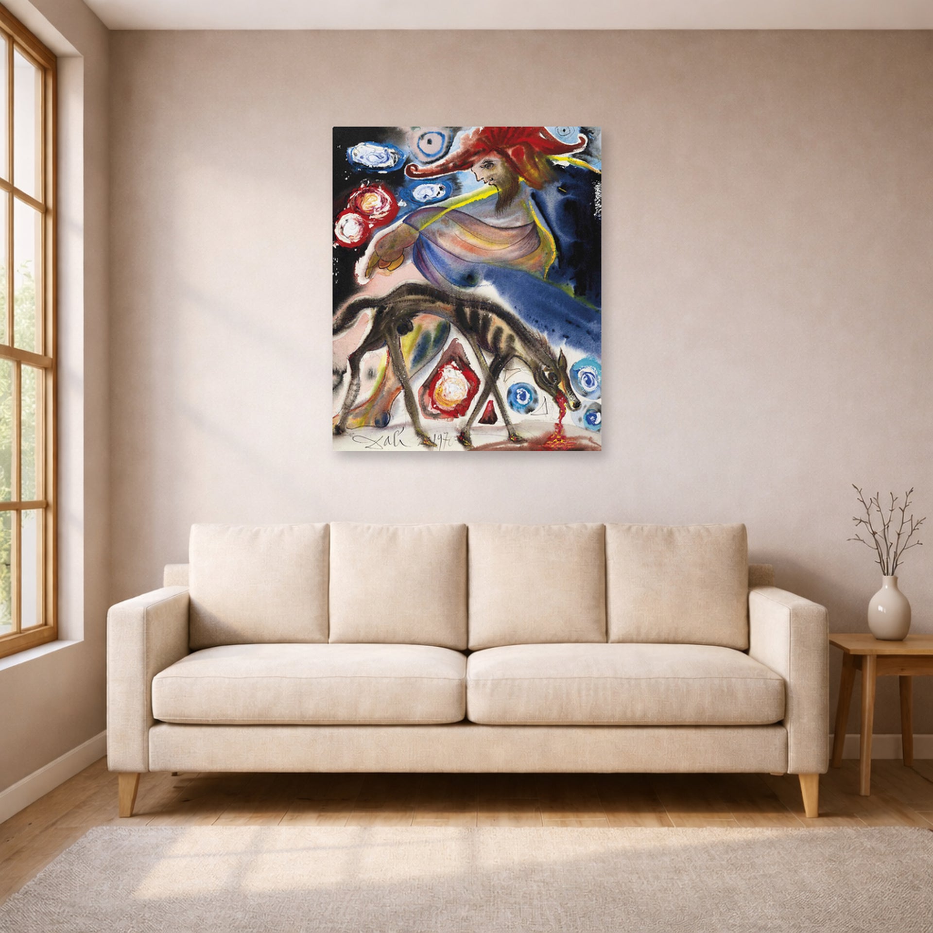 Unframed poster print of Salvador Dali's Argos displayed on a wall in a living room