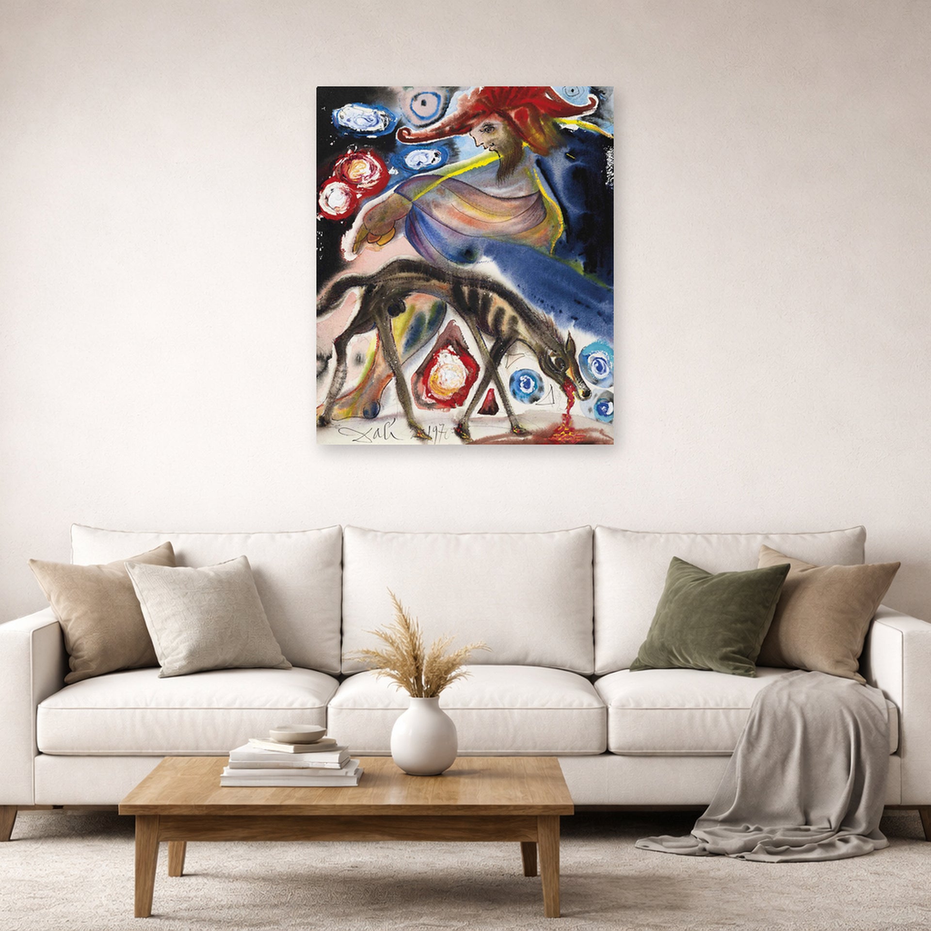 Unframed poster print of Salvador Dali's Argos displayed on a wall in a living room