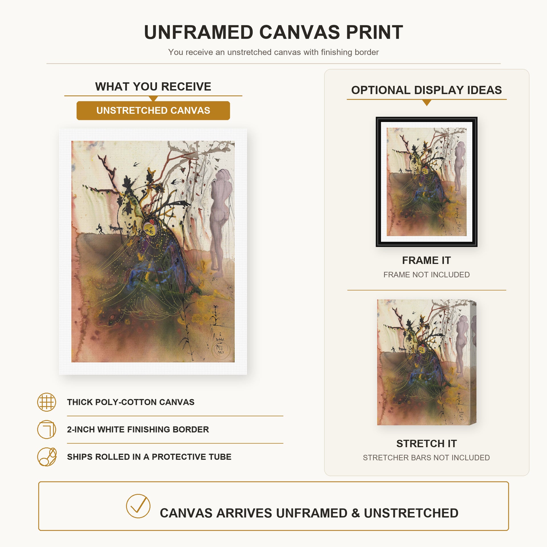 Salvador Dali - Automne canvas print size comparison and framing display infographic