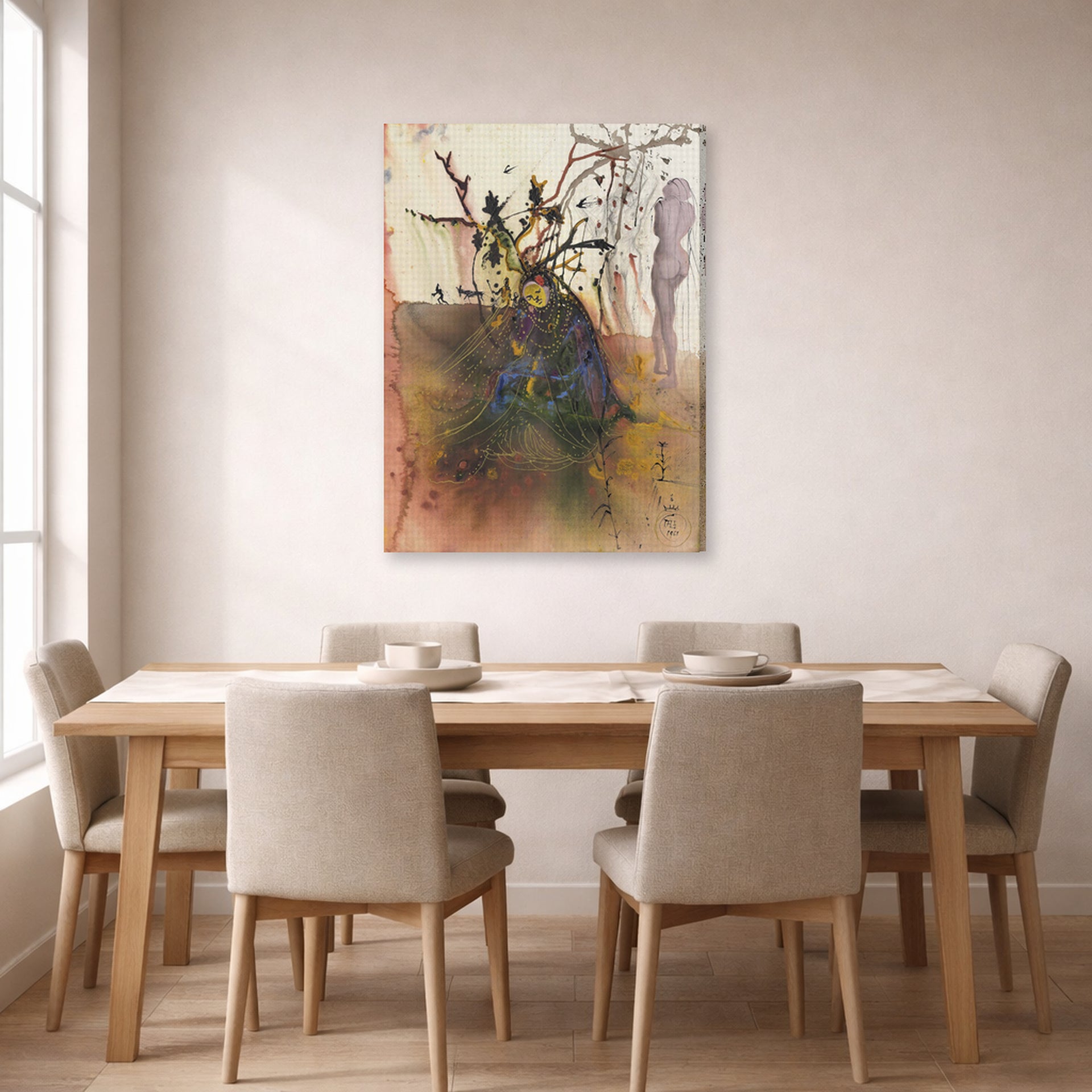 Gallery-wrapped canvas print of Salvador Dali's Automne displayed on a wall in a dining room