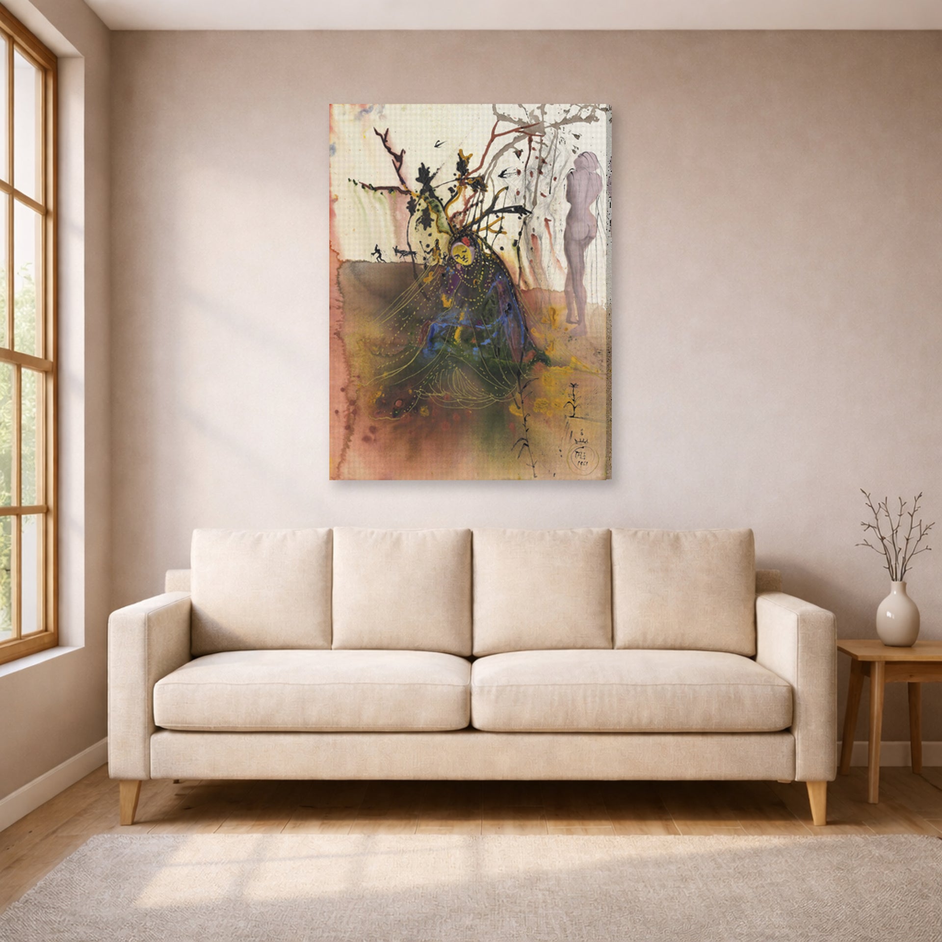 Gallery-wrapped canvas print of Salvador Dali's Automne displayed on a wall in a living room