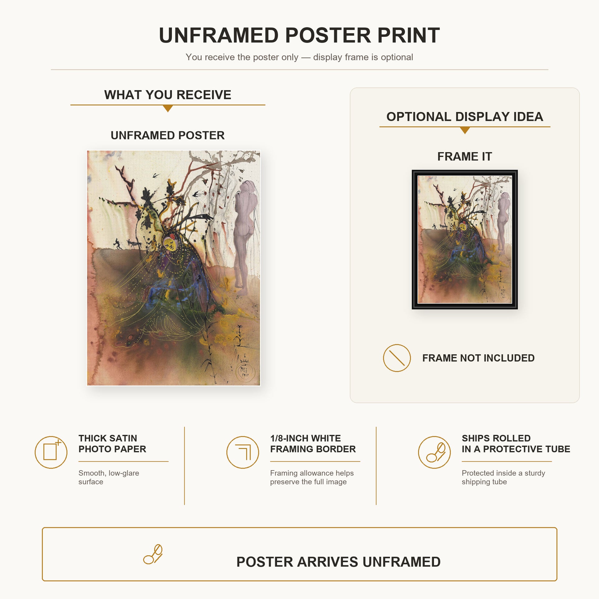 Salvador Dali - Automne poster print size comparison and framing display infographic