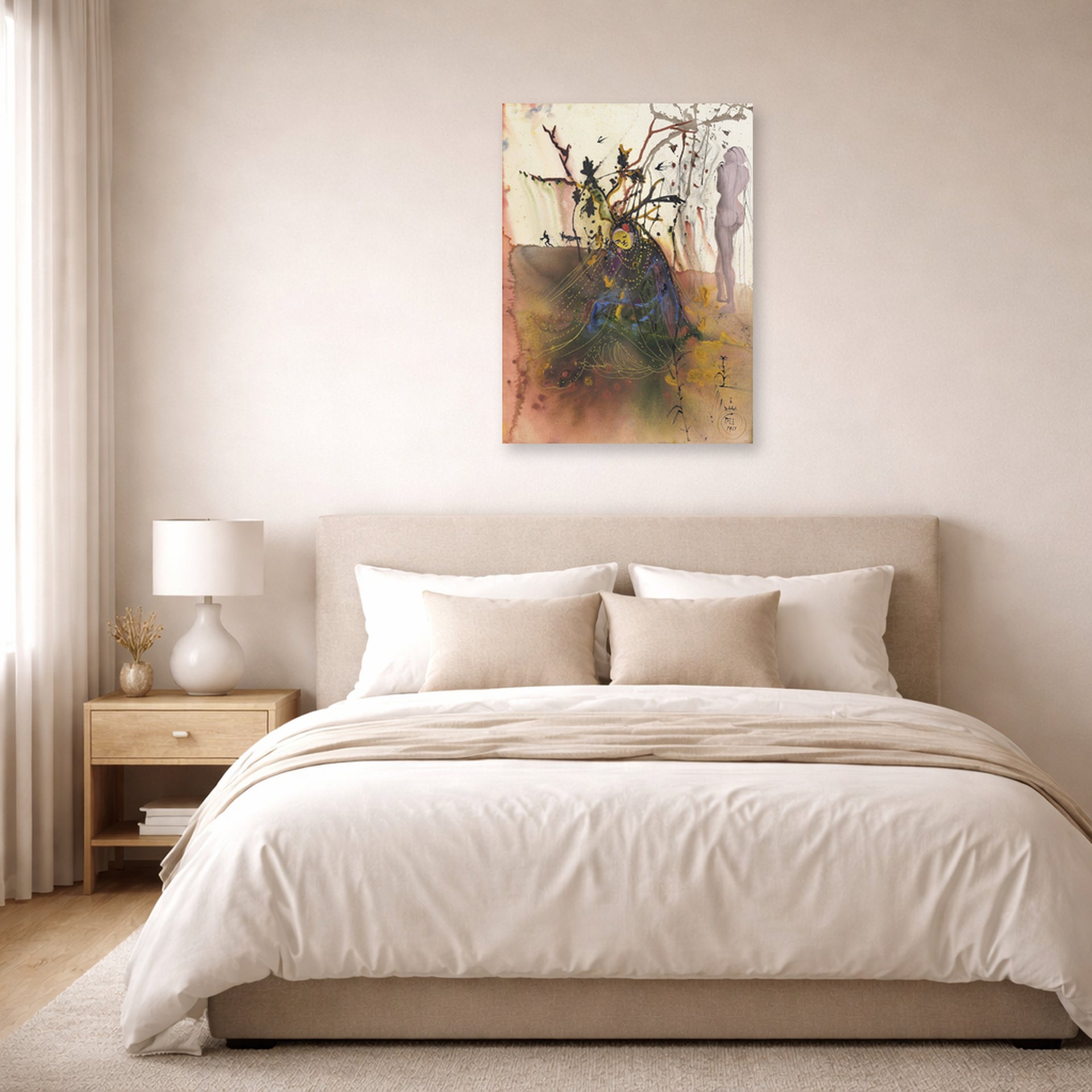 Unframed poster print of Salvador Dali's Automne displayed on a wall in a bedroom