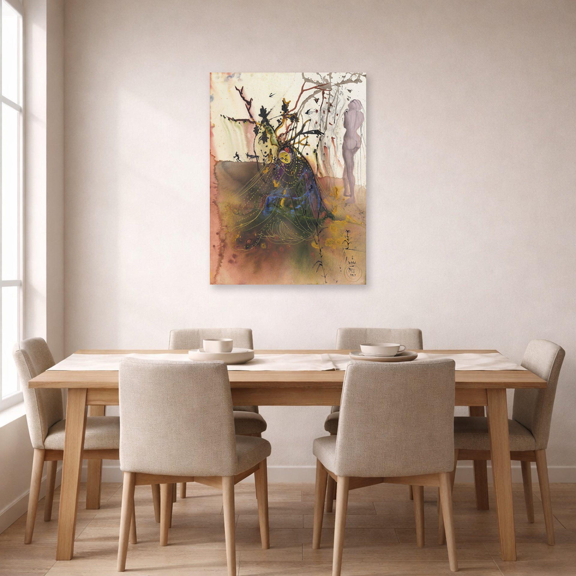 Unframed poster print of Salvador Dali's Automne displayed on a wall in a dining room