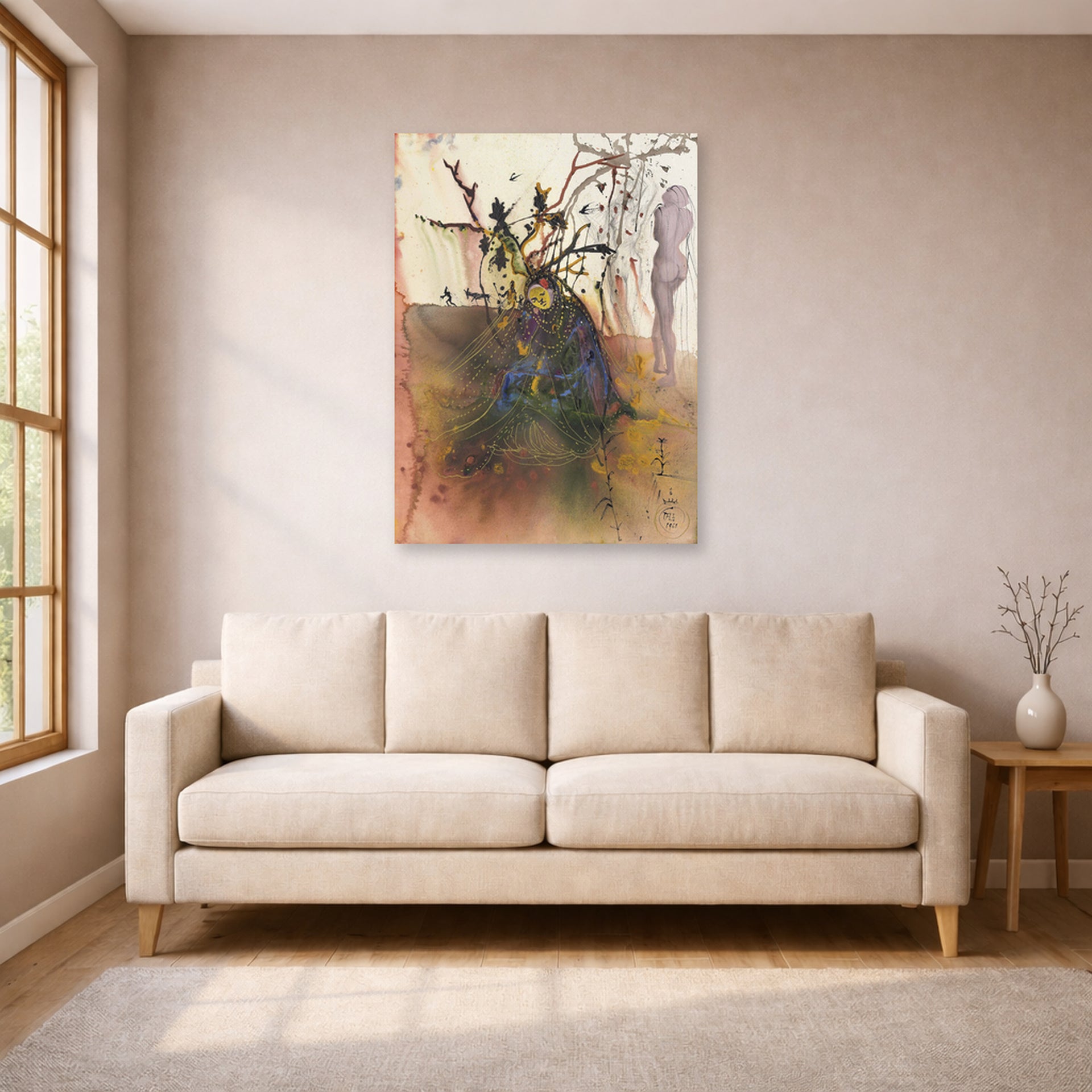 Unframed poster print of Salvador Dali's Automne displayed on a wall in a living room