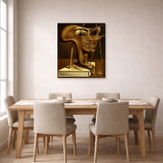 Gallery-wrapped canvas print of Salvador Dali's Autoportrait displayed on a wall in a dining room