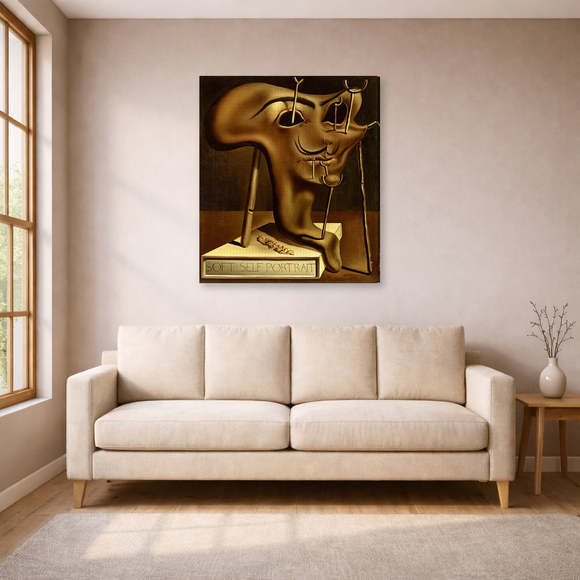 Gallery-wrapped canvas print of Salvador Dali's Autoportrait displayed on a wall in a living room