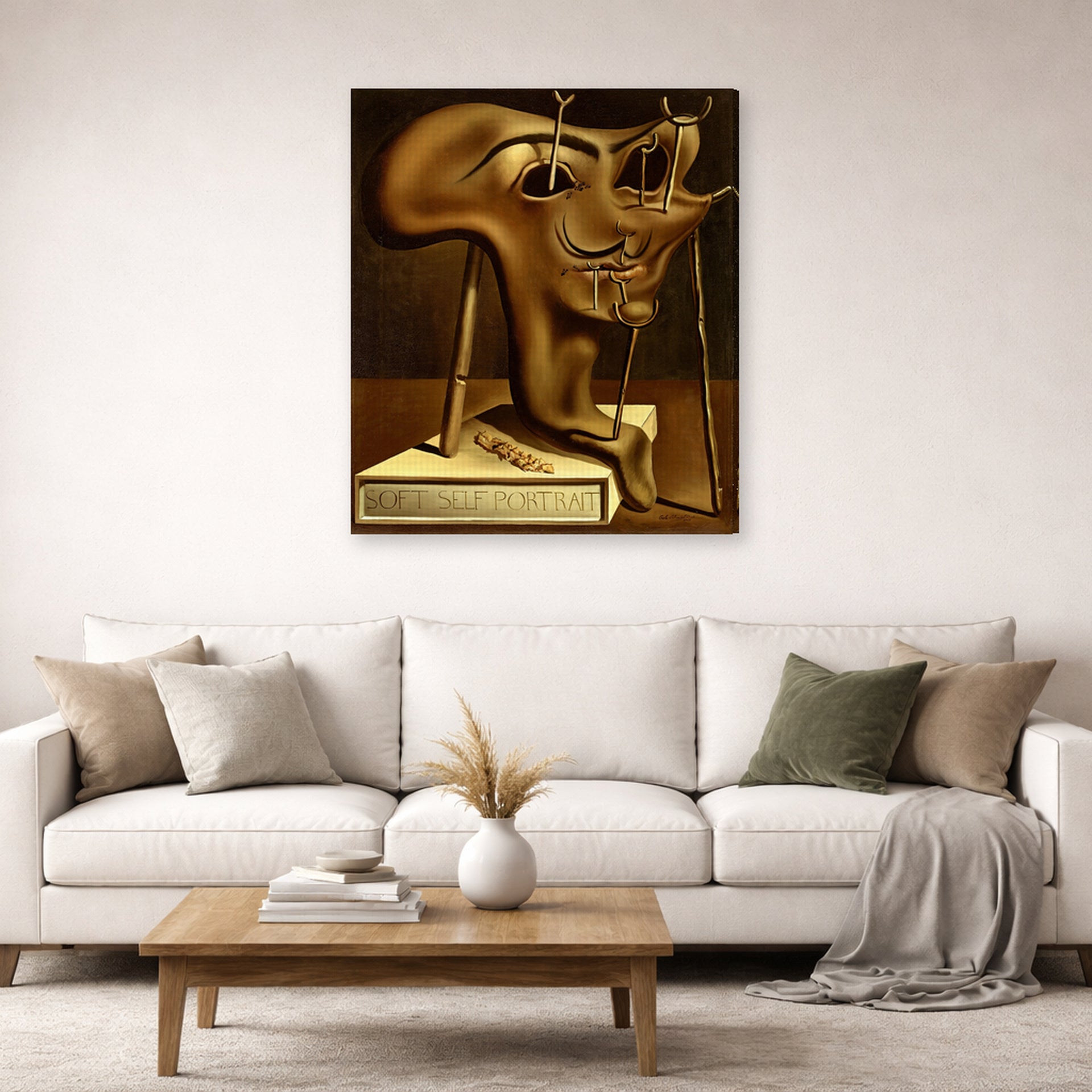 Gallery-wrapped canvas print of Salvador Dali's Autoportrait displayed on a wall in a living room