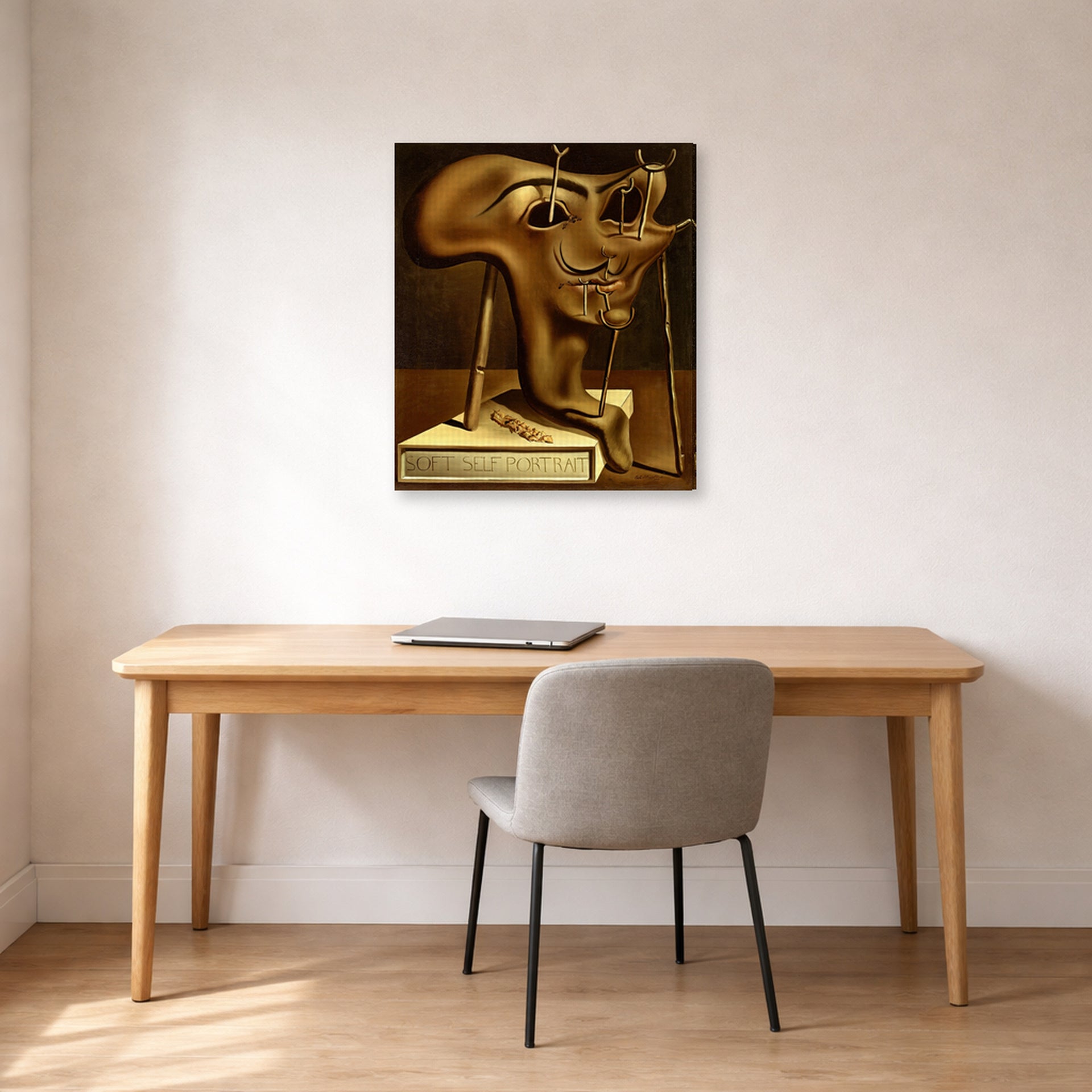 Gallery-wrapped canvas print of Salvador Dali's Autoportrait displayed on a wall in a office