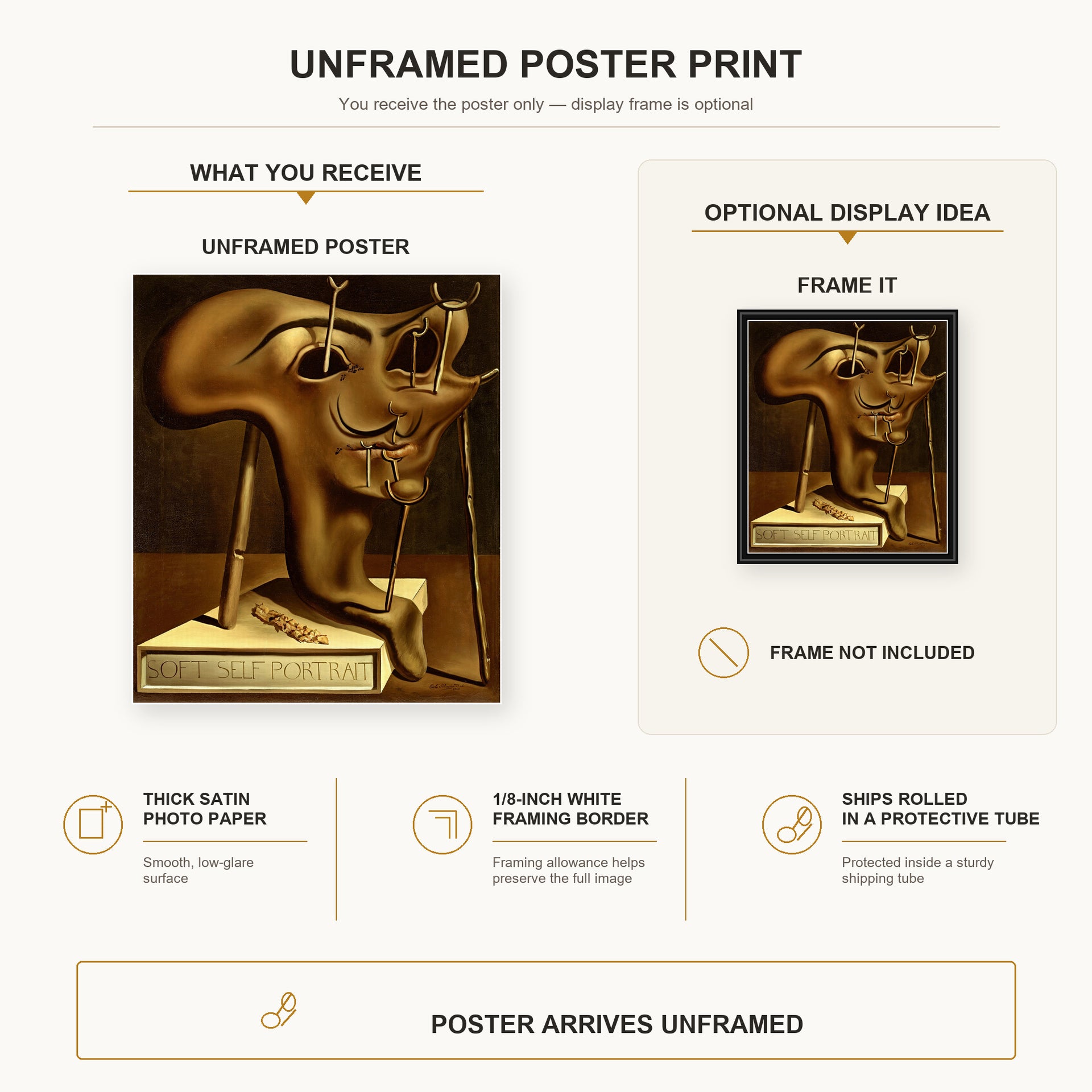 Salvador Dali - Autoportrait poster print size comparison and framing display infographic