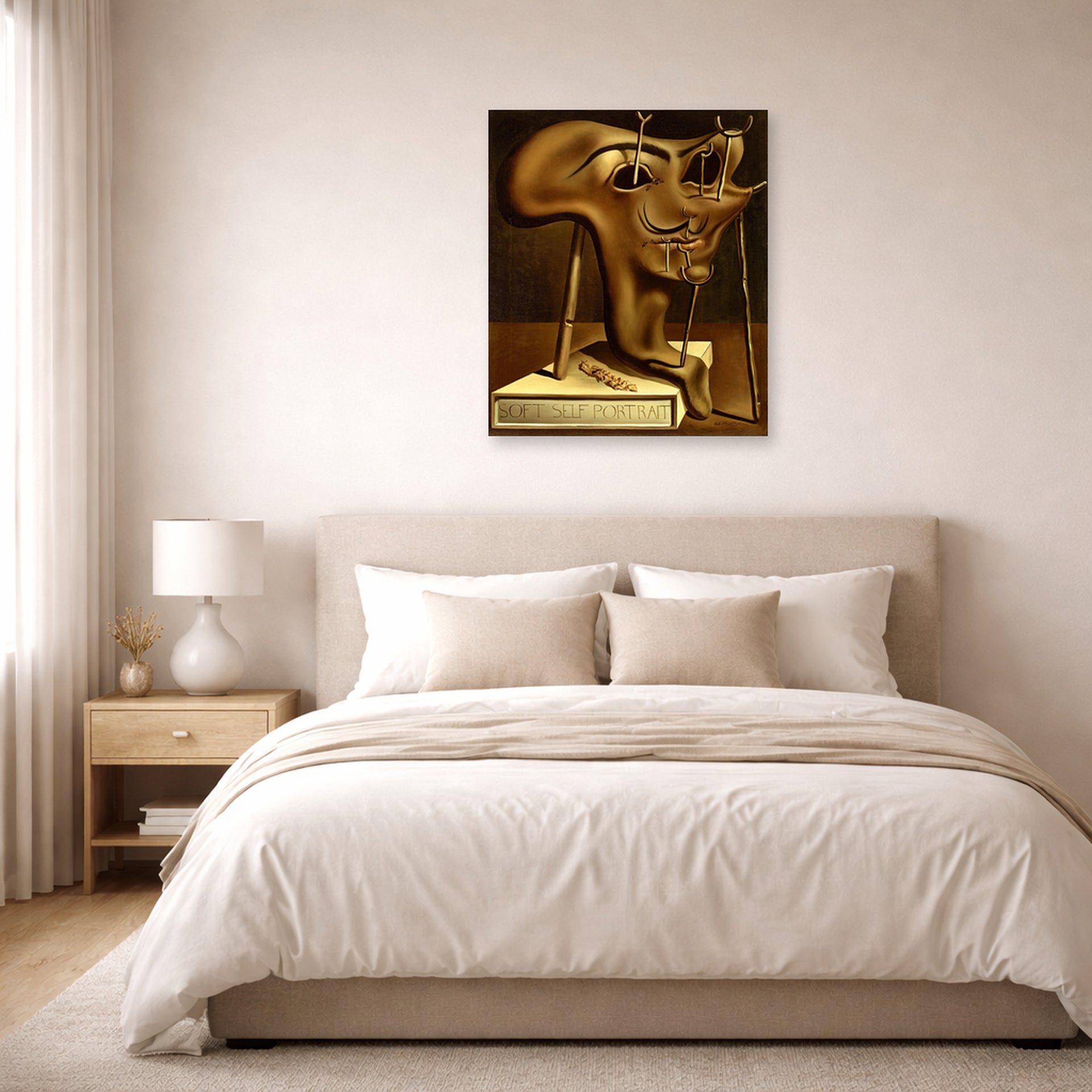 Unframed poster print of Salvador Dali's Autoportrait displayed on a wall in a bedroom
