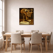 Unframed poster print of Salvador Dali's Autoportrait displayed on a wall in a dining room
