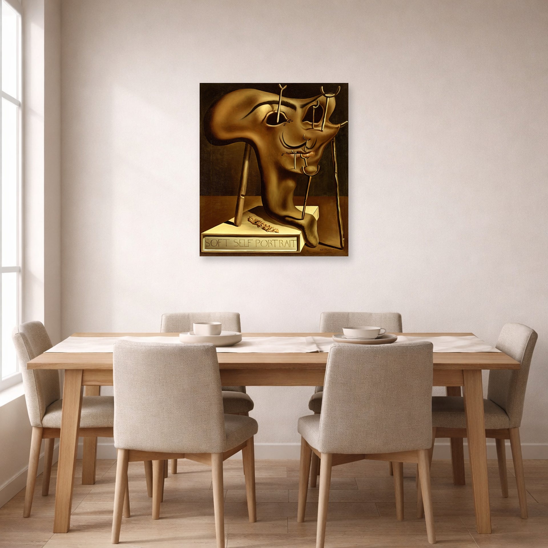 Unframed poster print of Salvador Dali's Autoportrait displayed on a wall in a dining room
