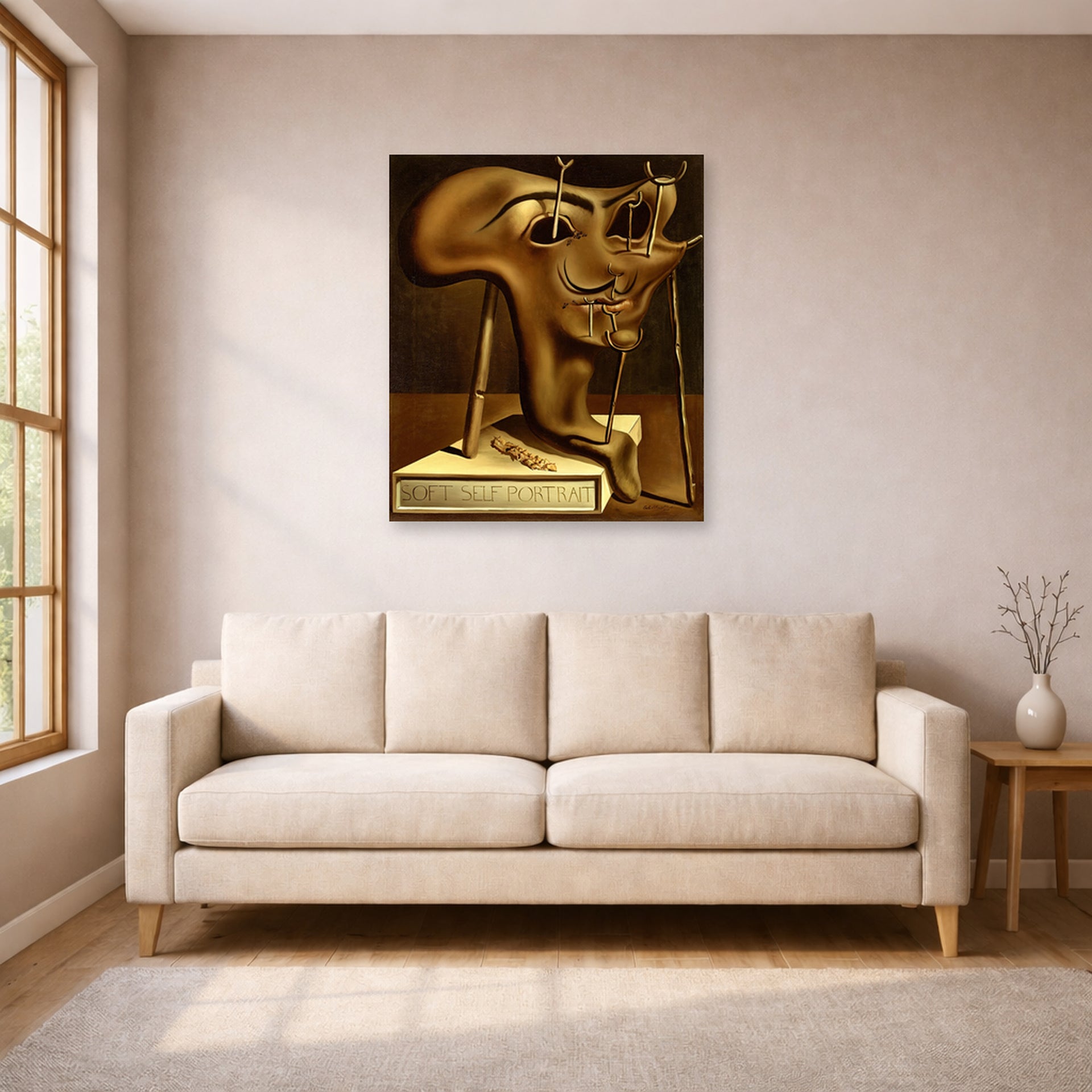 Unframed poster print of Salvador Dali's Autoportrait displayed on a wall in a living room