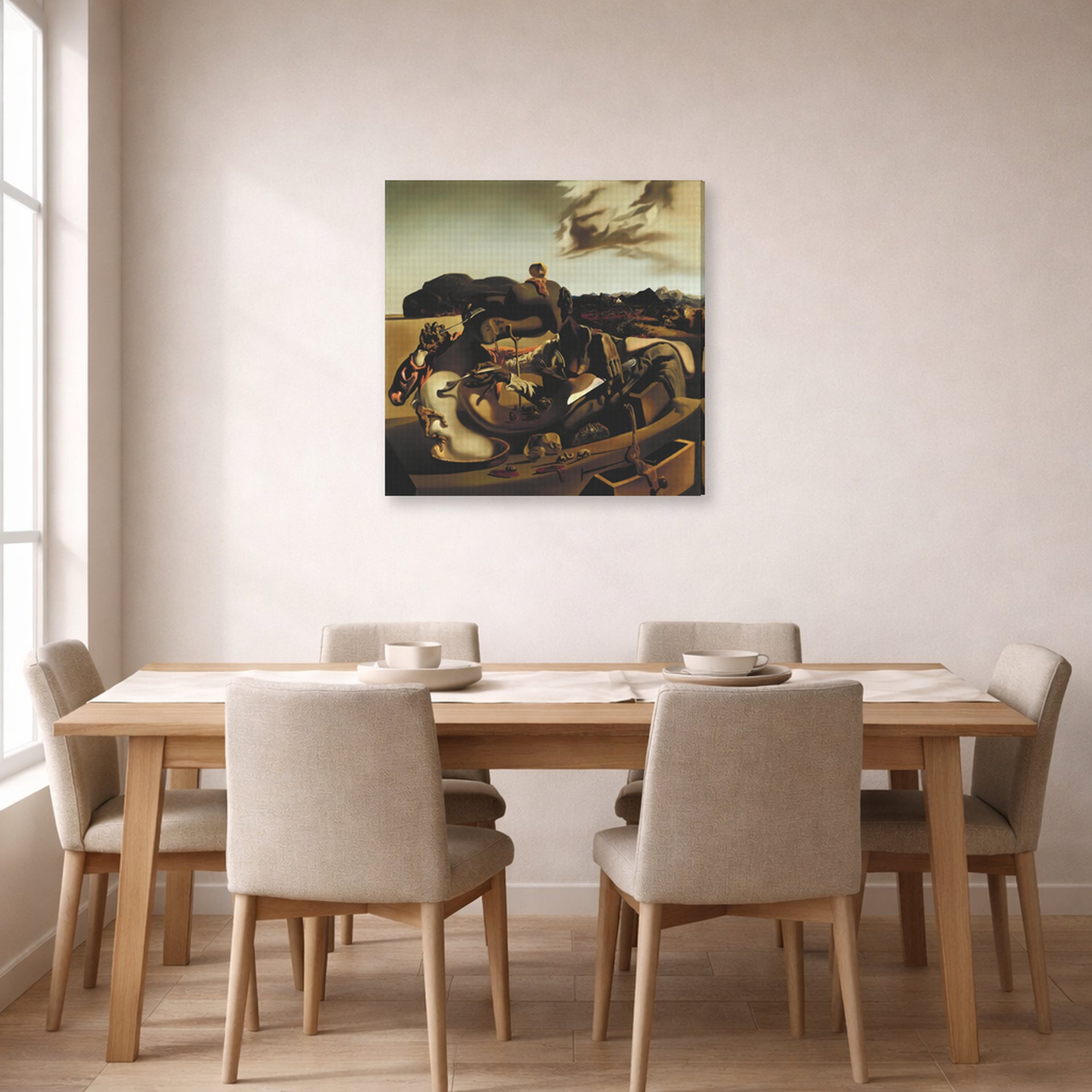 Gallery-wrapped canvas print of Salvador Dali's Autumnal Cannibalism displayed on a wall in a dining room
