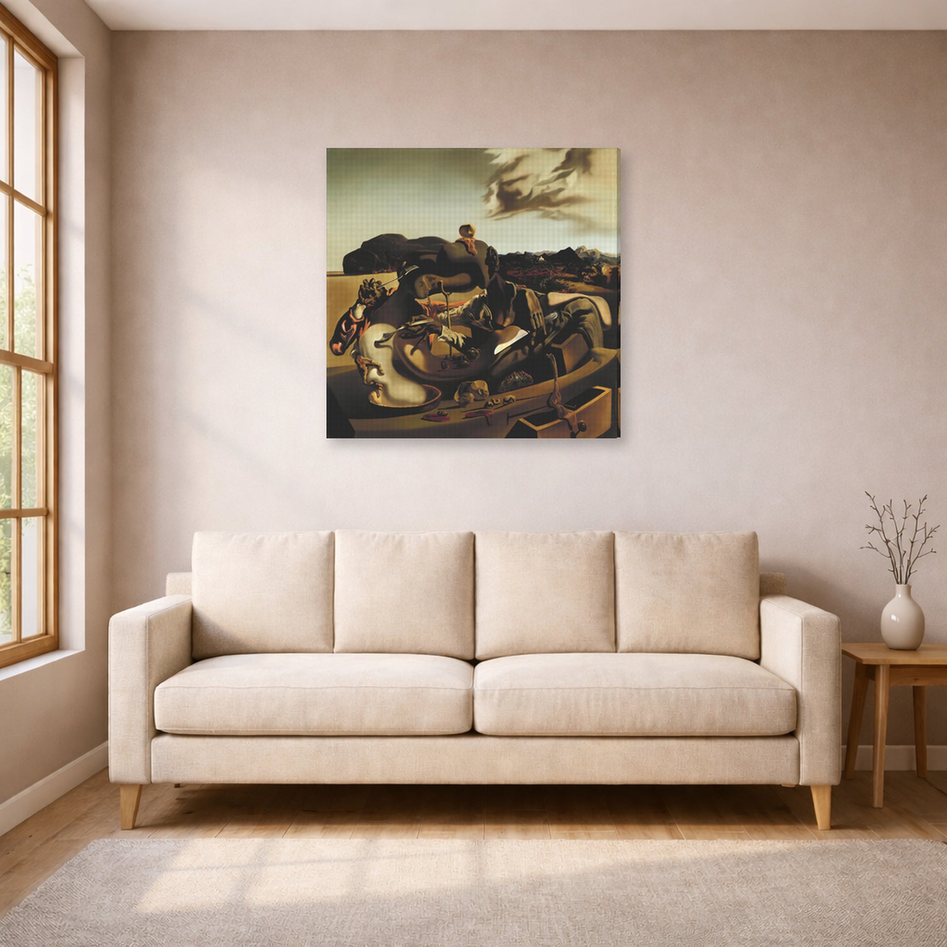 Gallery-wrapped canvas print of Salvador Dali's Autumnal Cannibalism displayed on a wall in a living room