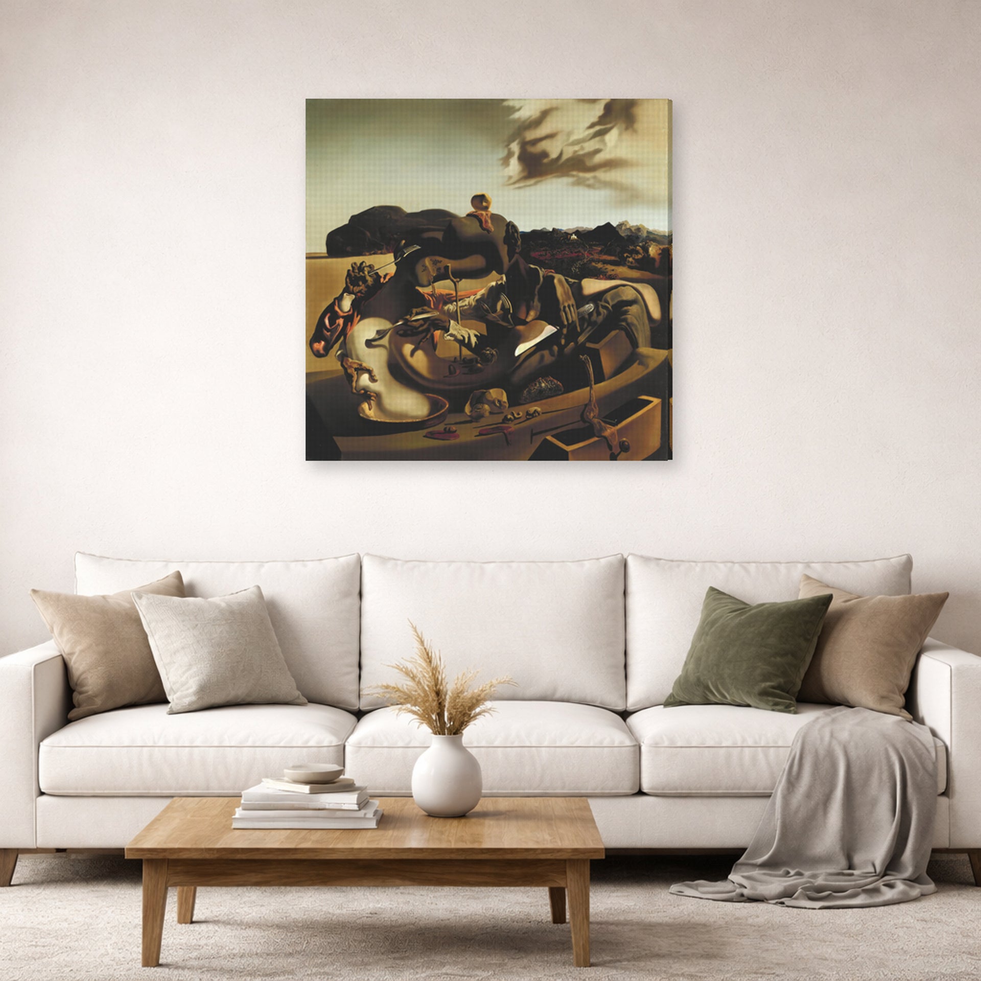 Gallery-wrapped canvas print of Salvador Dali's Autumnal Cannibalism displayed on a wall in a living room