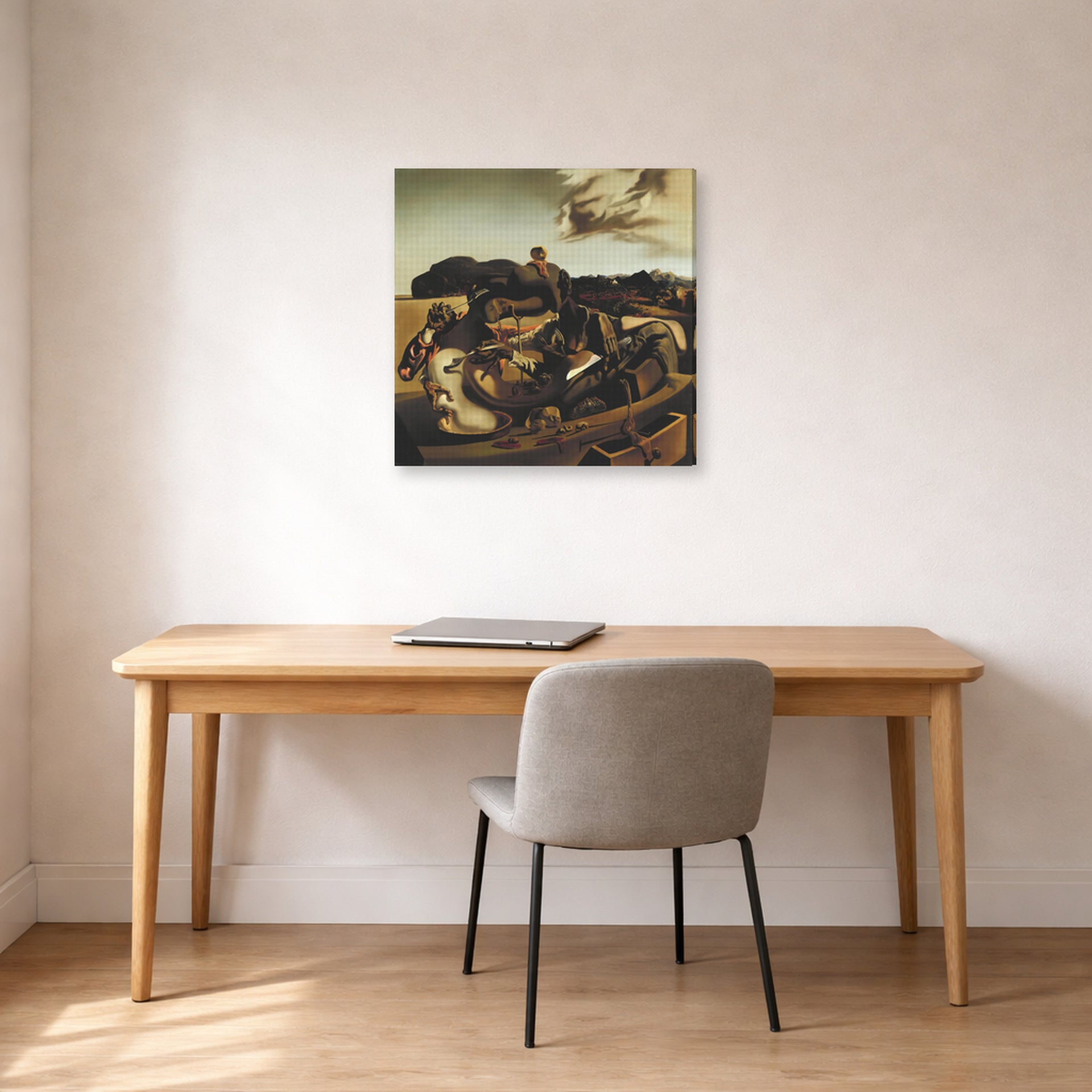 Gallery-wrapped canvas print of Salvador Dali's Autumnal Cannibalism displayed on a wall in a office