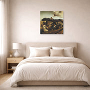Unframed poster print of Salvador Dali's Autumnal Cannibalism displayed on a wall in a bedroom