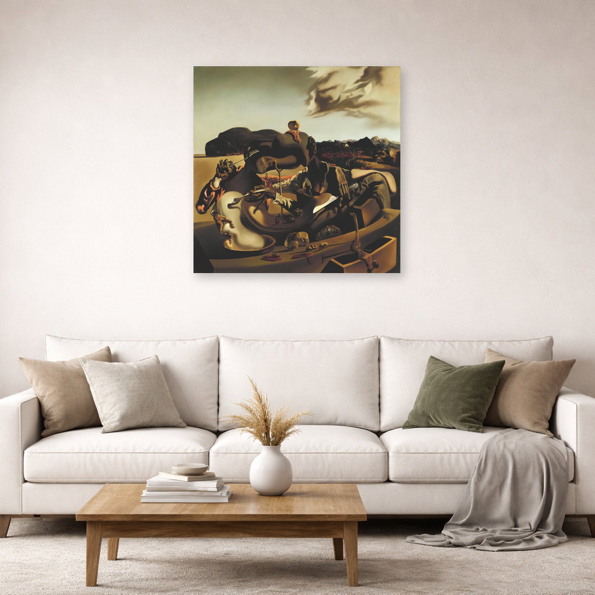 Unframed poster print of Salvador Dali's Autumnal Cannibalism displayed on a wall in a living room