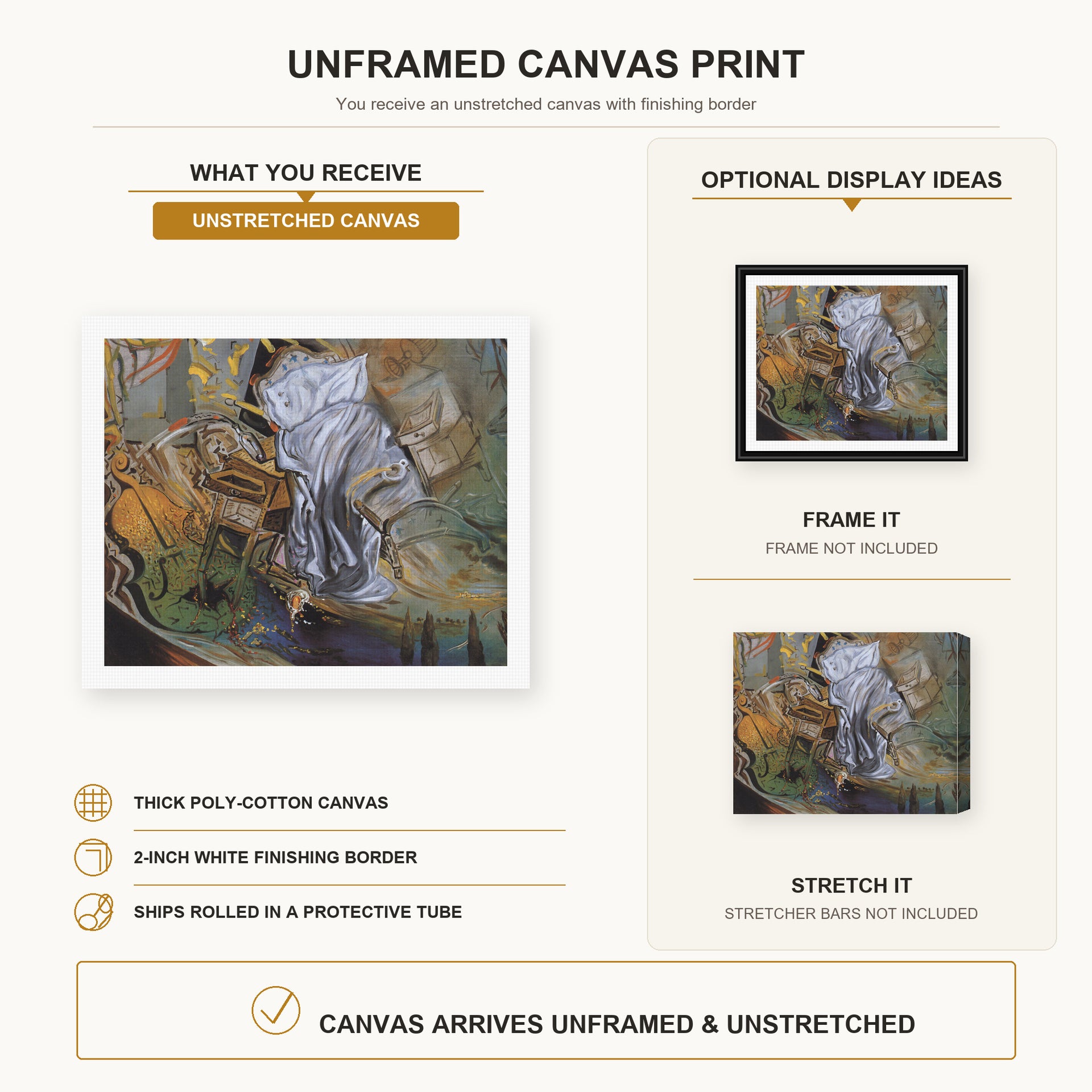 Salvador Dali - Bed and Two Bedside Tables Violently Attacking a Cello canvas print size comparison and framing display infographic