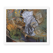 Salvador Dali's 'Bed and Two Bedside Tables Violently Attacking a Cello' painting reproduced as a rolled canvas print