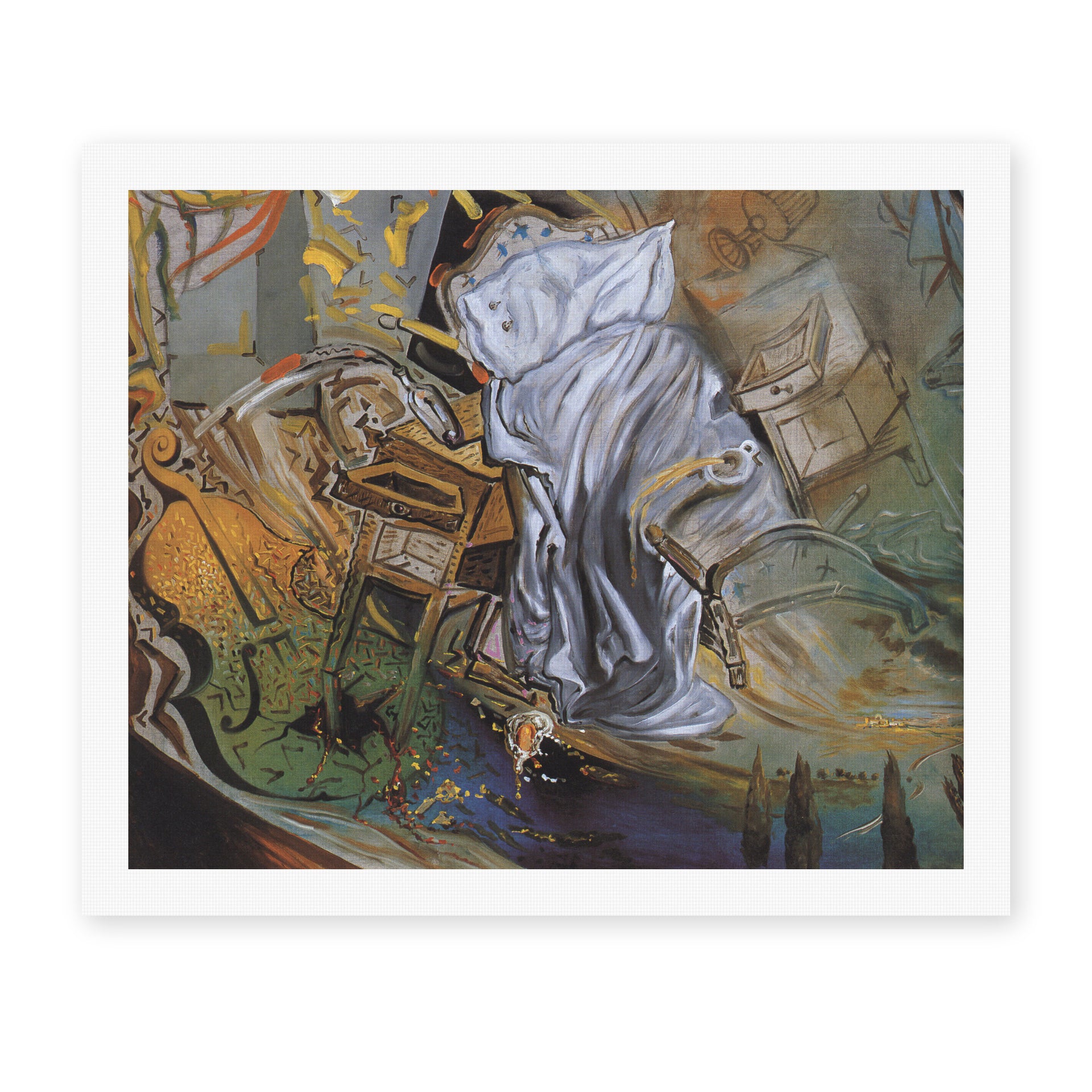 Salvador Dali's 'Bed and Two Bedside Tables Violently Attacking a Cello' painting reproduced as a rolled canvas print