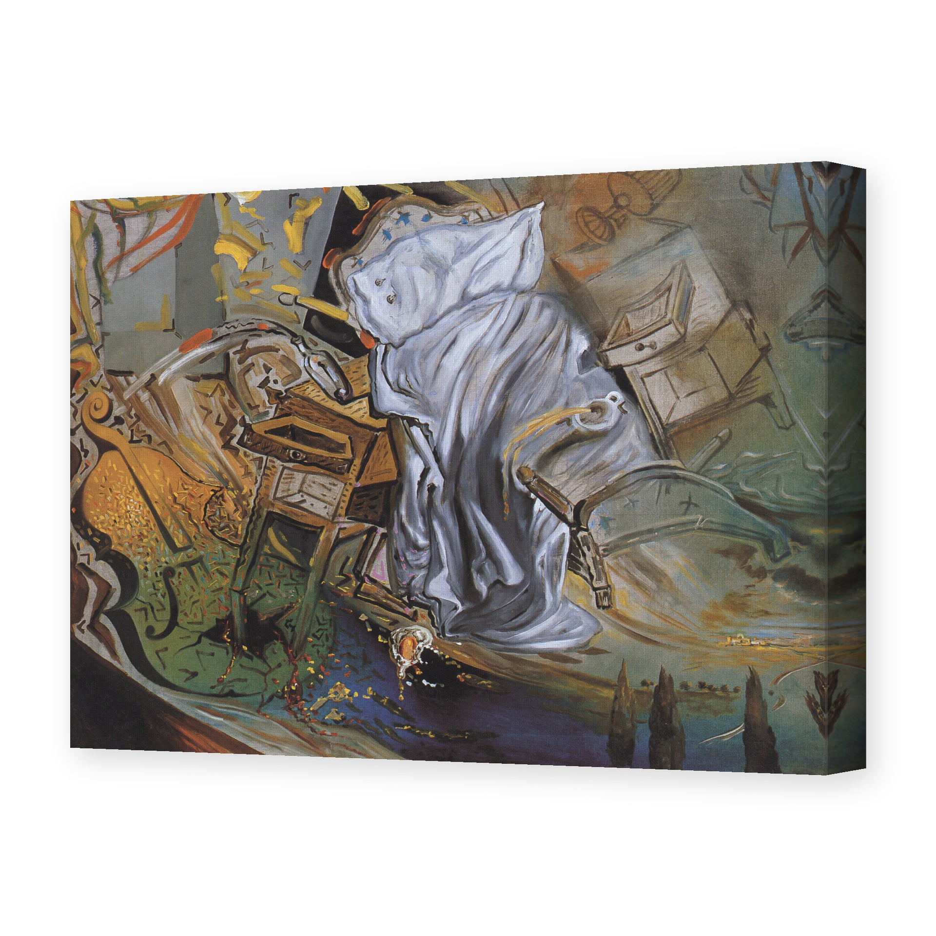 Salvador Dali's 'Bed and Two Bedside Tables Violently Attacking a Cello' painting reproduced as a gallery-wrapped canvas print