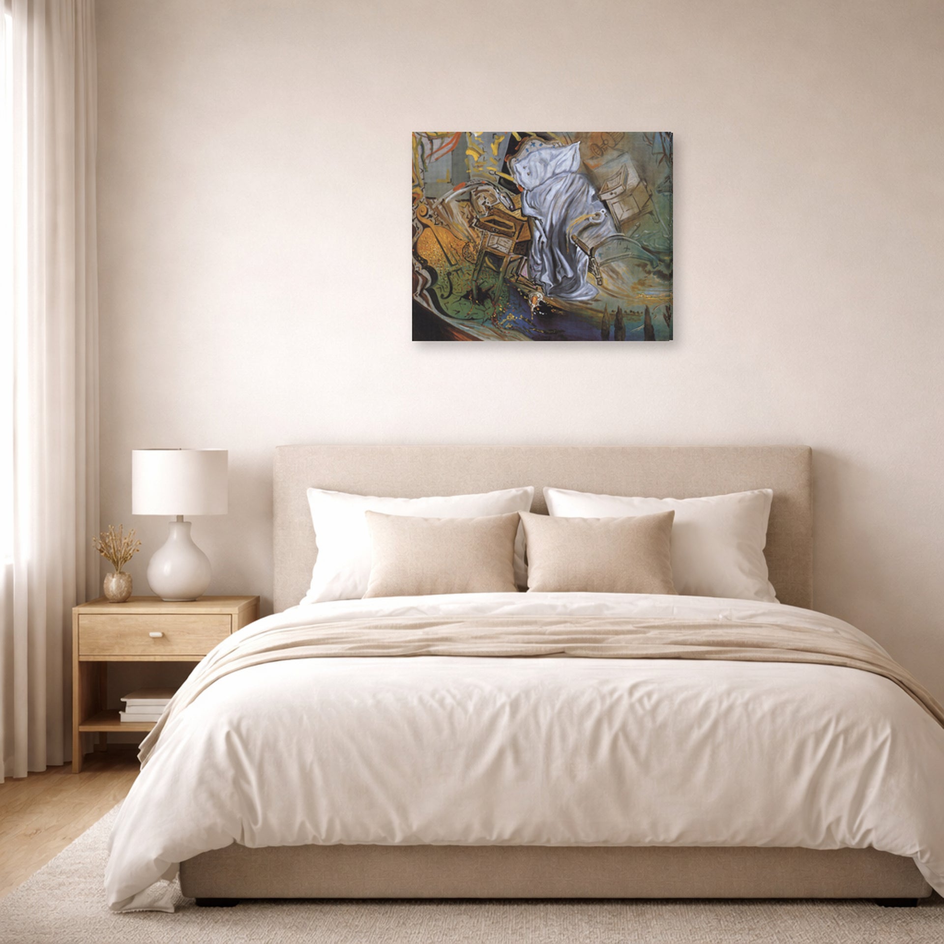 Gallery-wrapped canvas print of Salvador Dali's Bed and Two Bedside Tables Violently Attacking a Cello displayed on a wall in a bedroom
