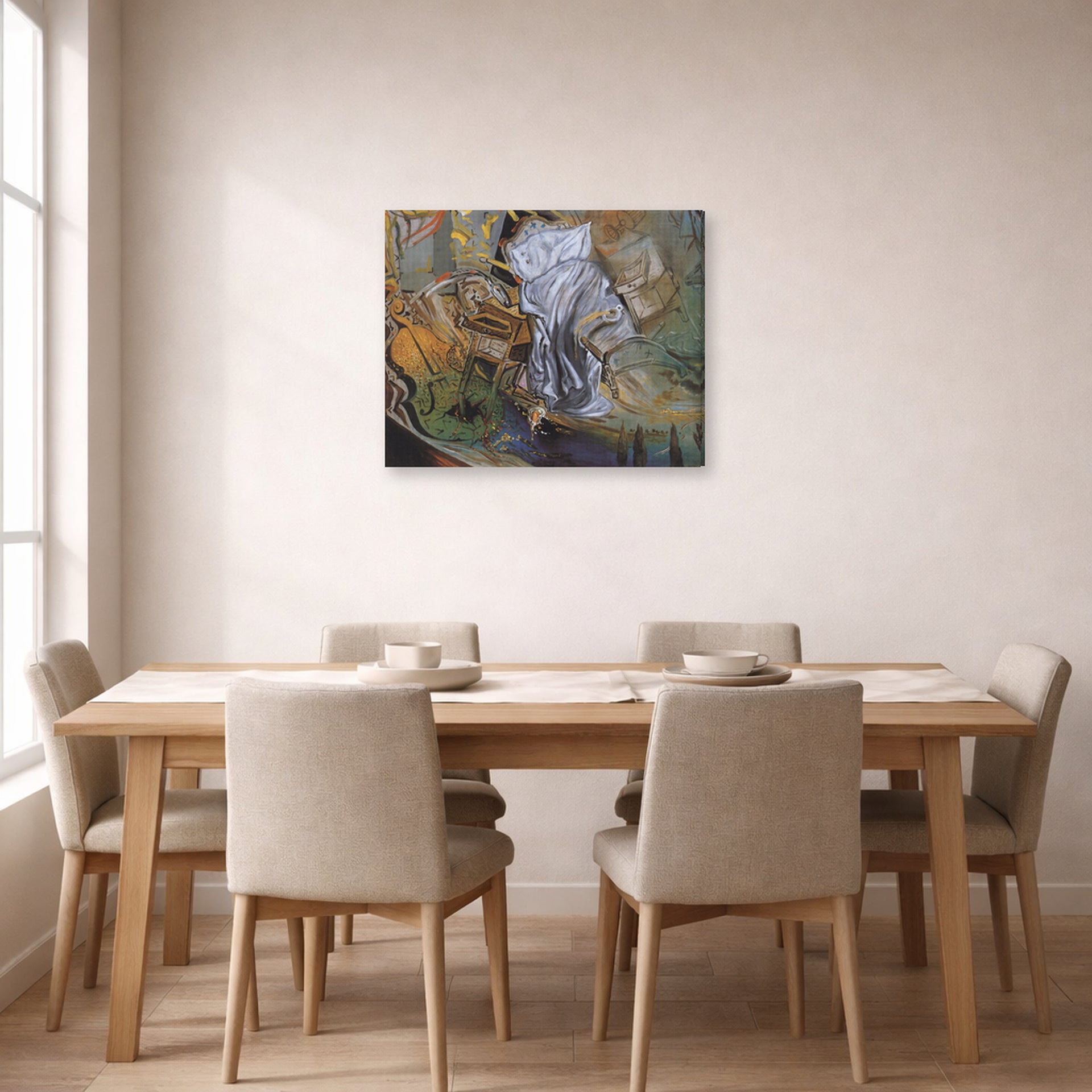 Gallery-wrapped canvas print of Salvador Dali's Bed and Two Bedside Tables Violently Attacking a Cello displayed on a wall in a dining room