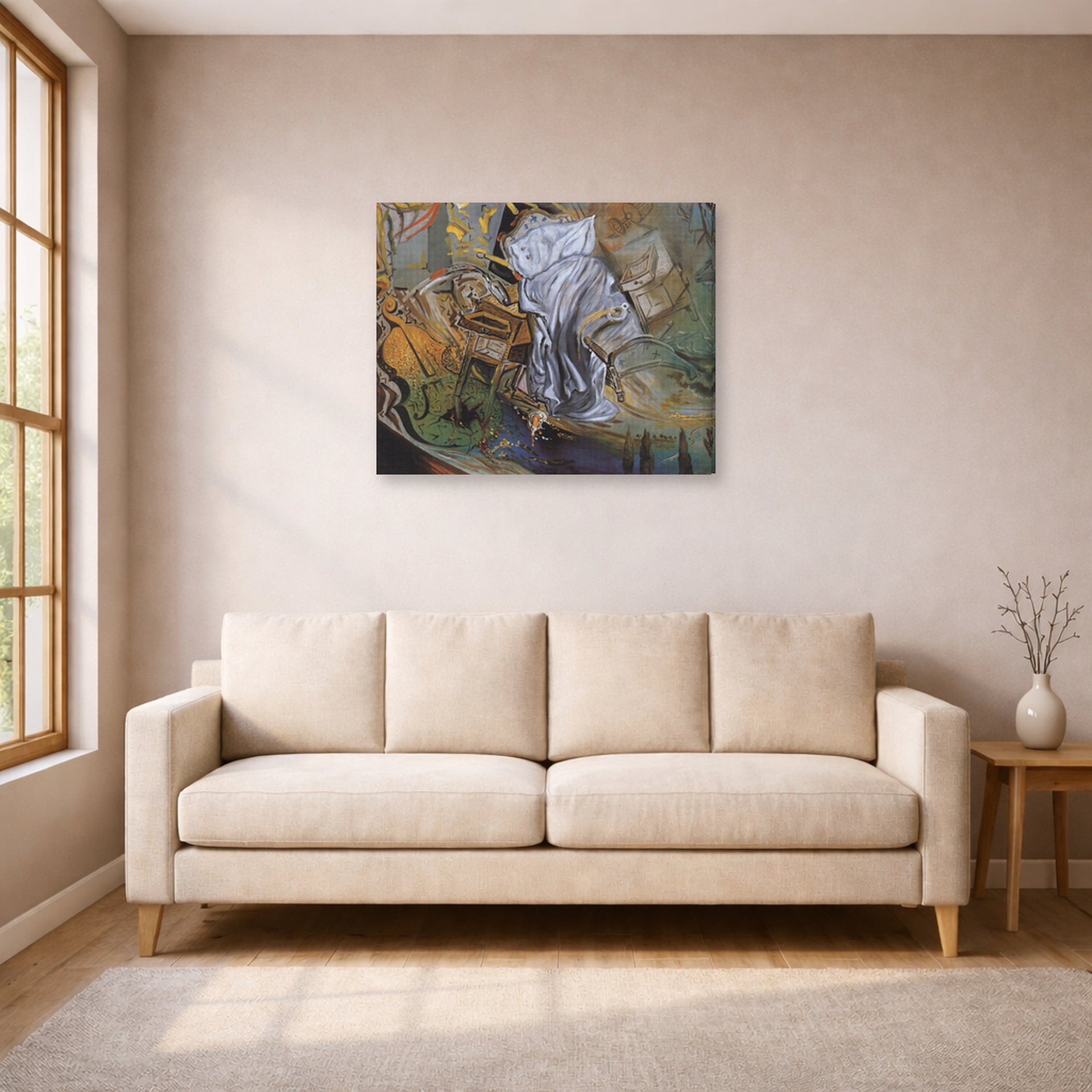 Gallery-wrapped canvas print of Salvador Dali's Bed and Two Bedside Tables Violently Attacking a Cello displayed on a wall in a living room