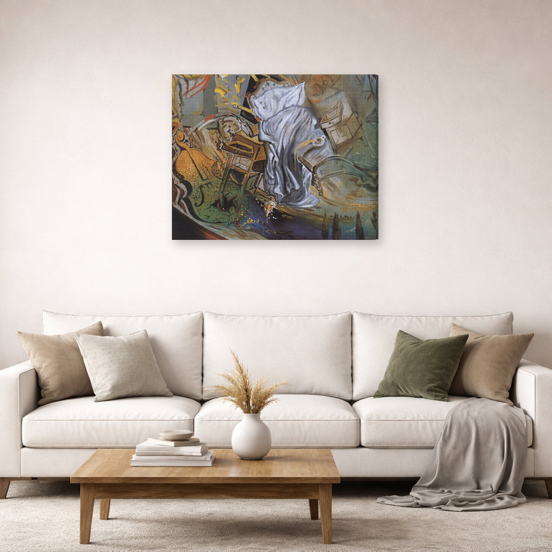 Gallery-wrapped canvas print of Salvador Dali's Bed and Two Bedside Tables Violently Attacking a Cello displayed on a wall in a living room