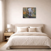 Unframed poster print of Salvador Dali's Bed and Two Bedside Tables Violently Attacking a Cello displayed on a wall in a bedroom