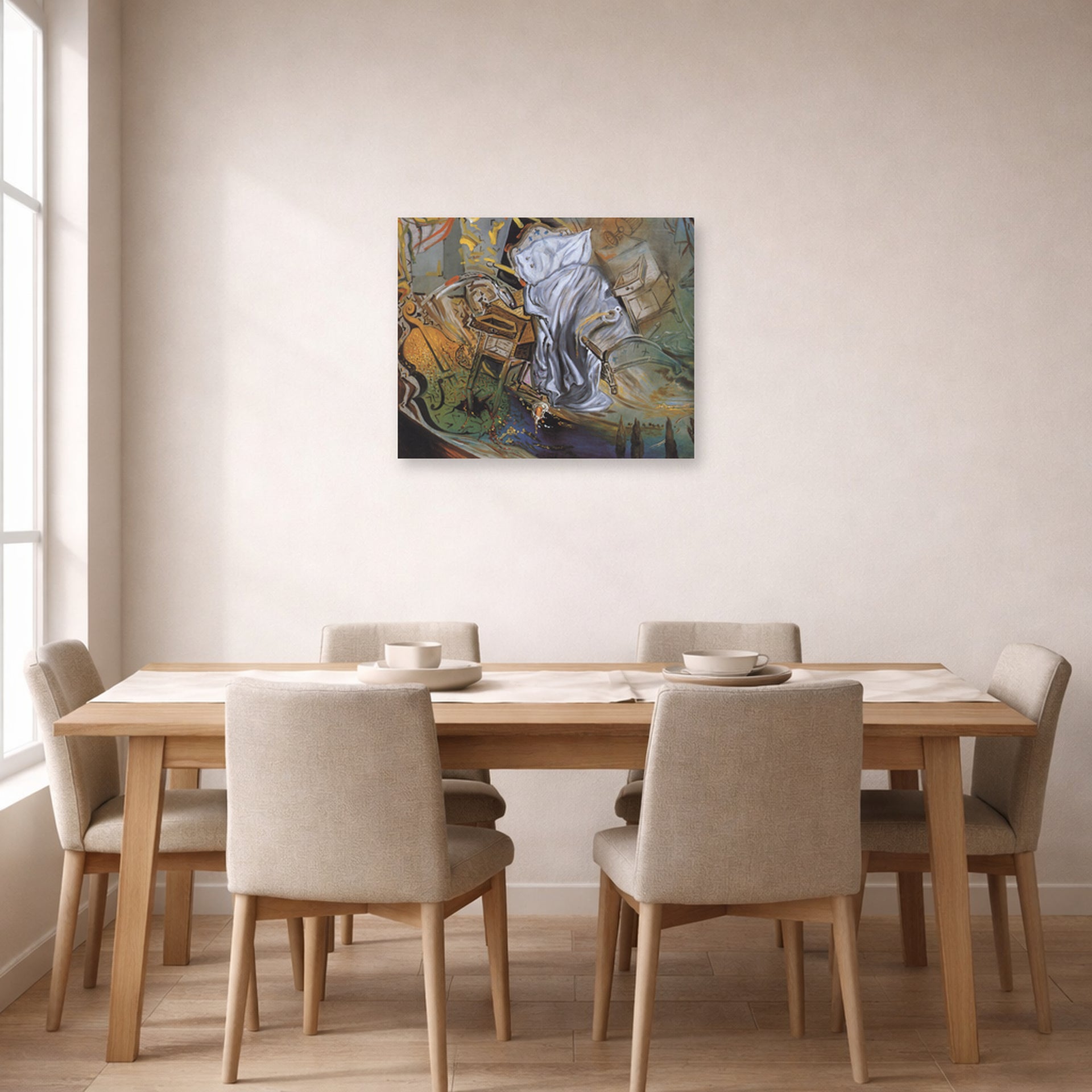 Unframed poster print of Salvador Dali's Bed and Two Bedside Tables Violently Attacking a Cello displayed on a wall in a dining room