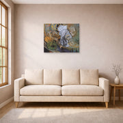 Unframed poster print of Salvador Dali's Bed and Two Bedside Tables Violently Attacking a Cello displayed on a wall in a living room