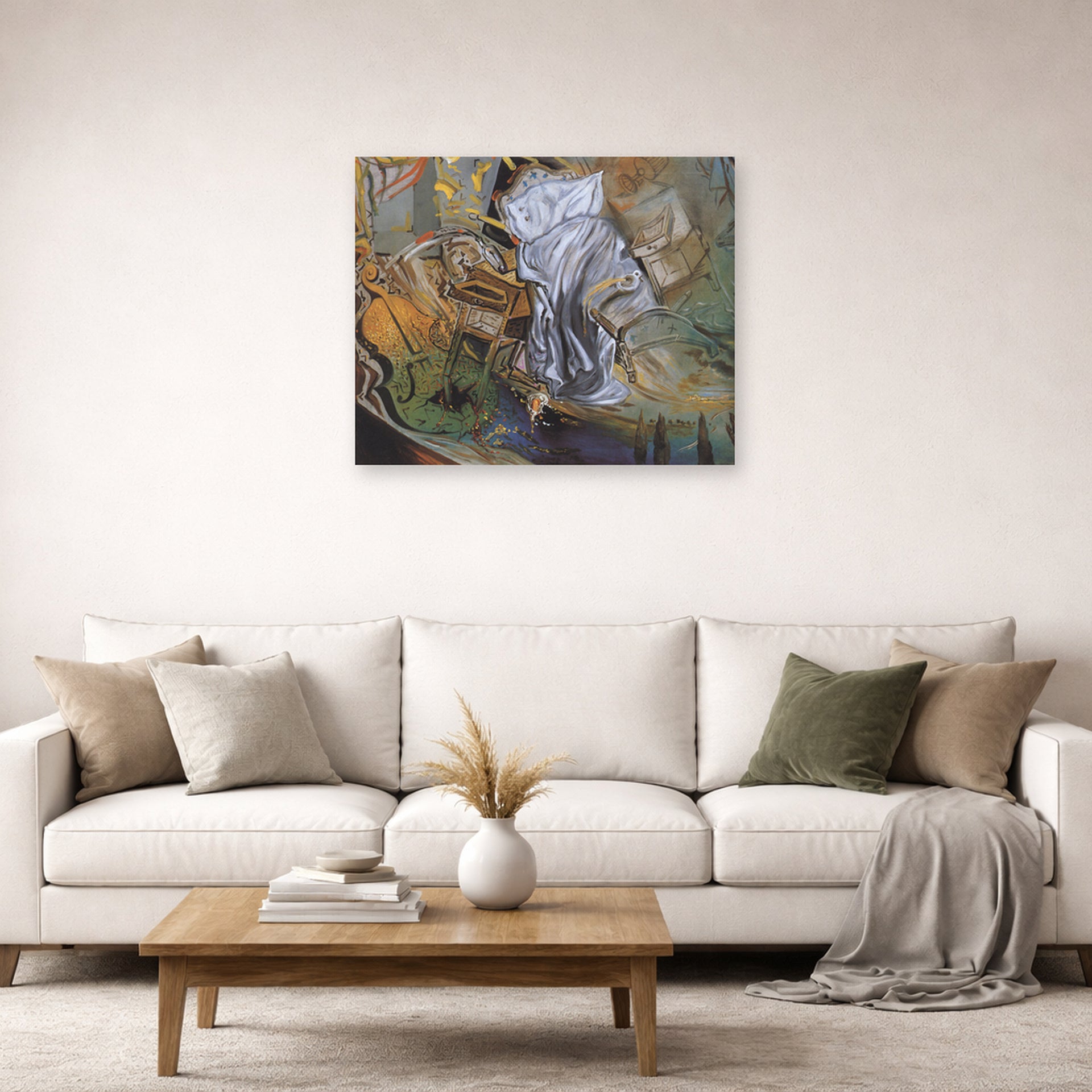 Unframed poster print of Salvador Dali's Bed and Two Bedside Tables Violently Attacking a Cello displayed on a wall in a living room