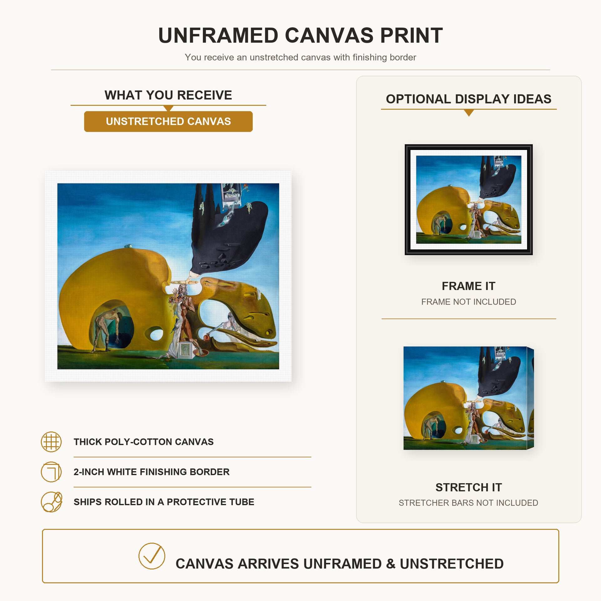 Salvador Dali - Birth of Liquid Desires canvas print size comparison and framing display infographic