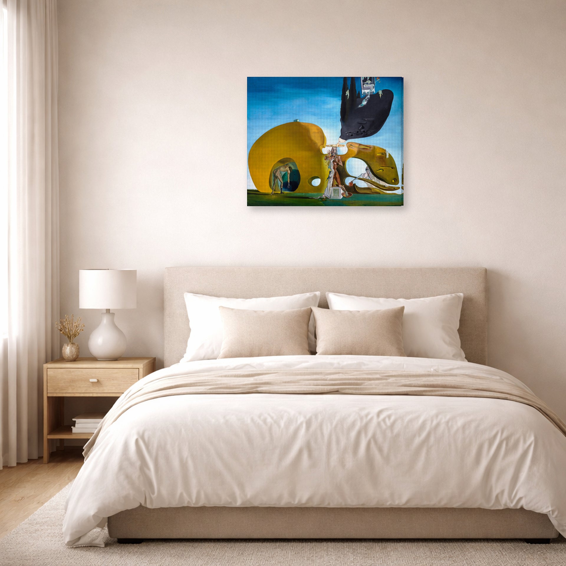 Gallery-wrapped canvas print of Salvador Dali's Birth of Liquid Desires displayed on a wall in a bedroom