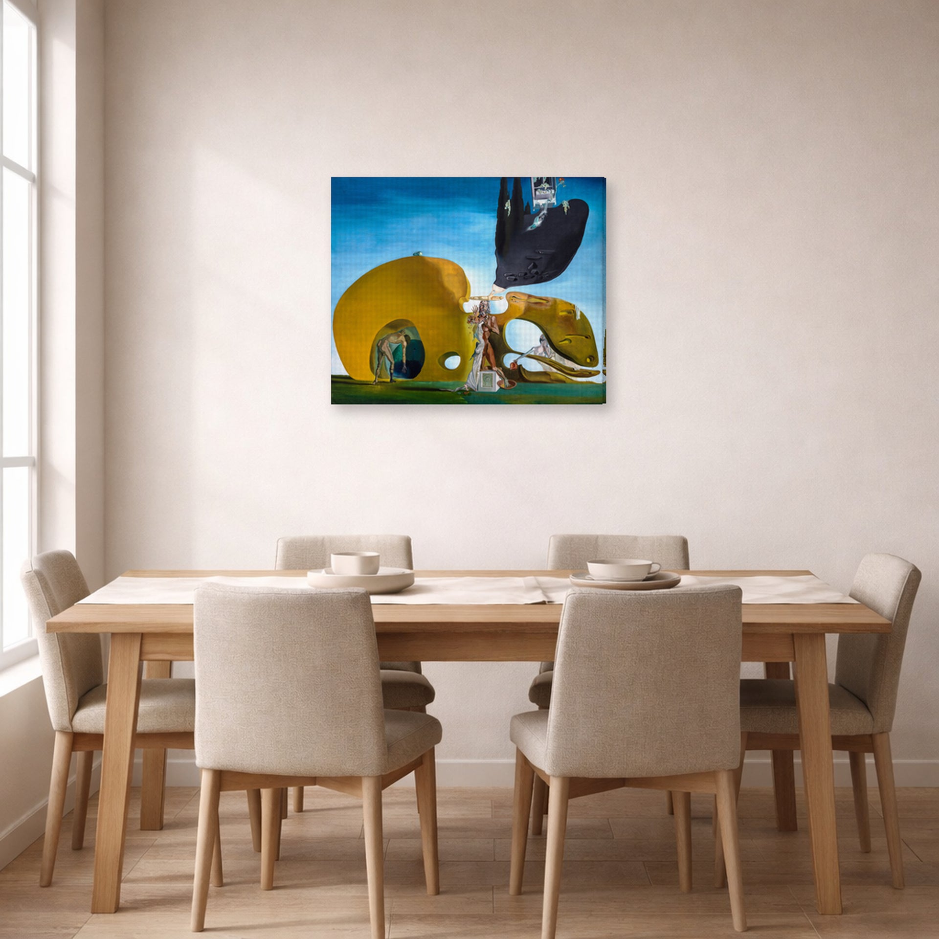 Gallery-wrapped canvas print of Salvador Dali's Birth of Liquid Desires displayed on a wall in a dining room