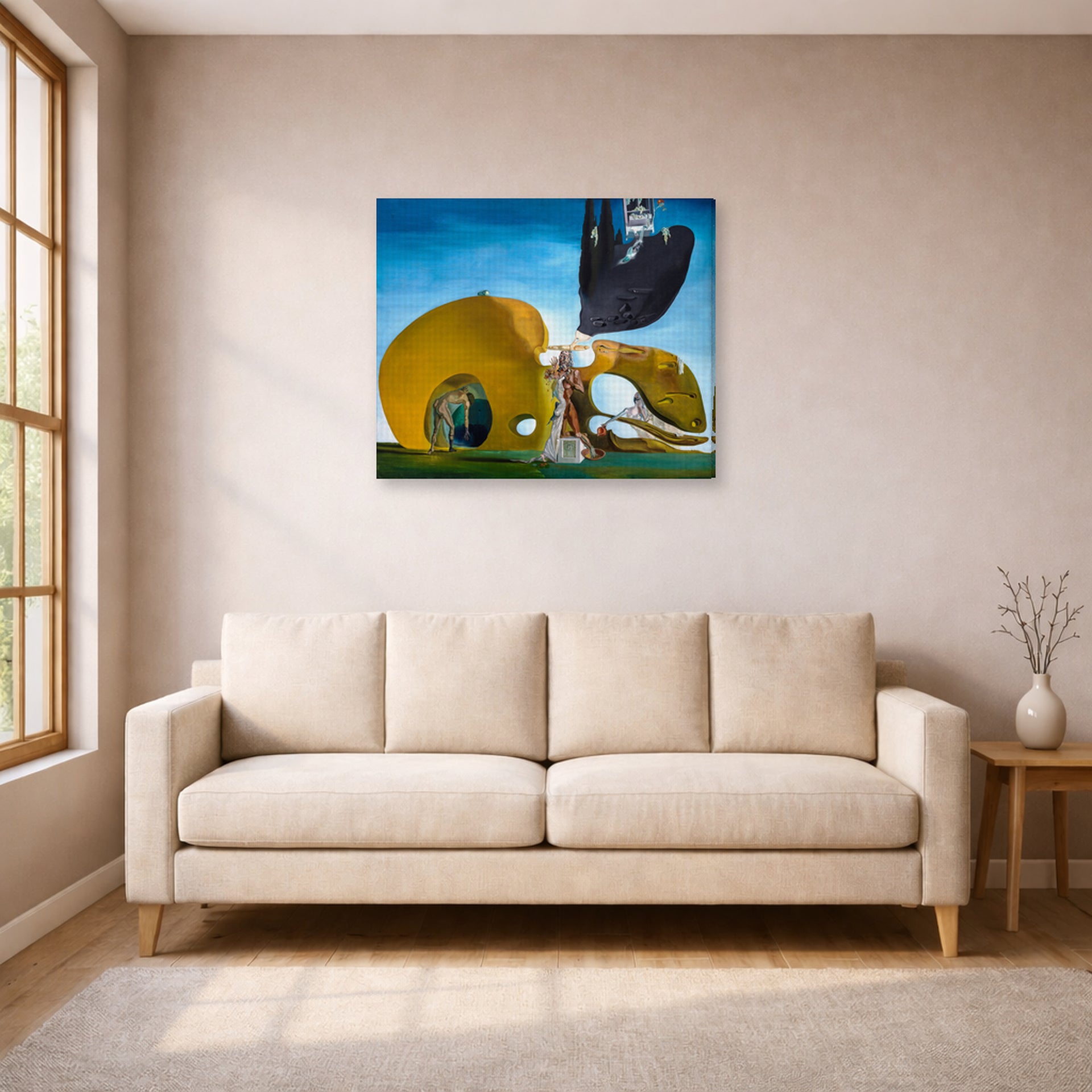 Gallery-wrapped canvas print of Salvador Dali's Birth of Liquid Desires displayed on a wall in a living room