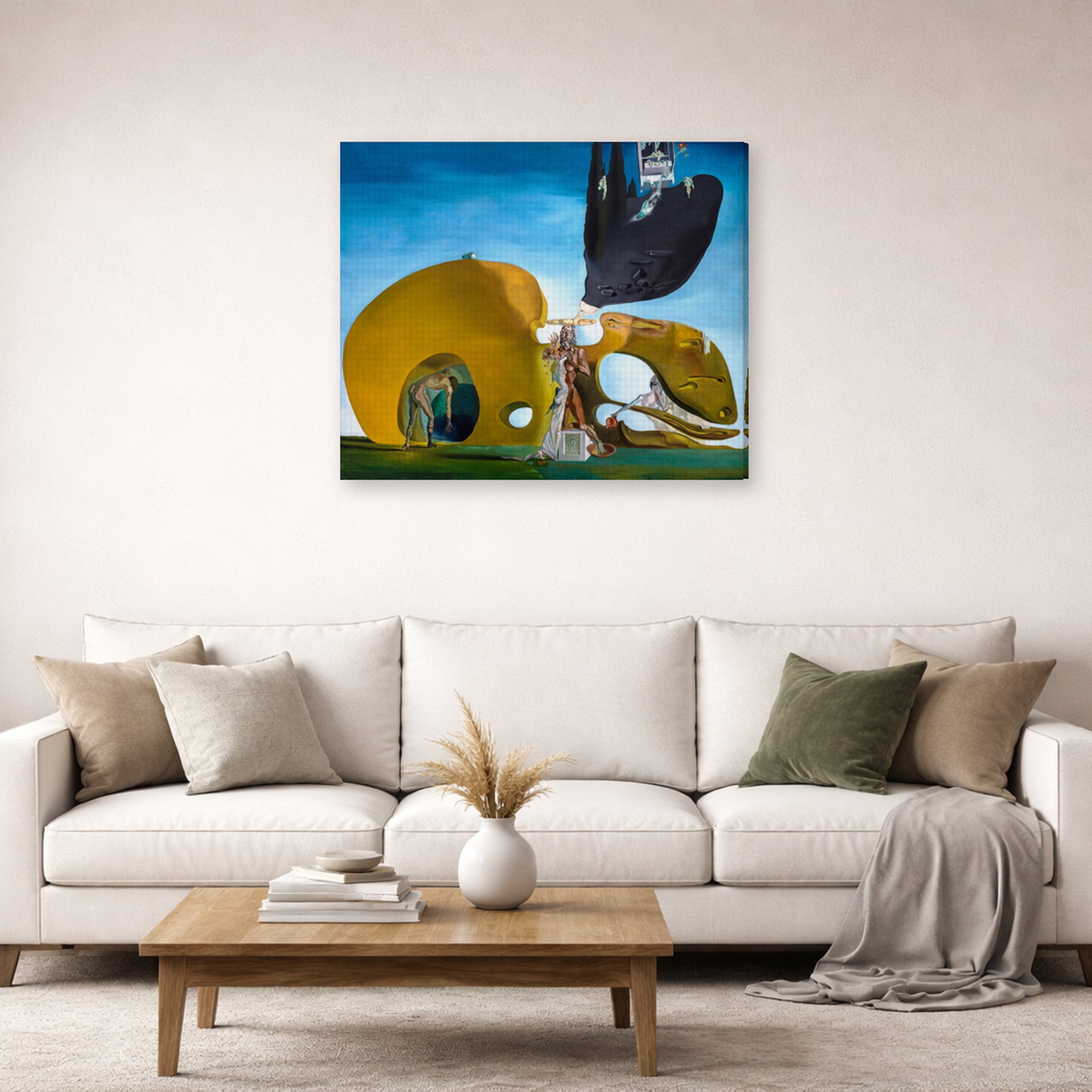 Gallery-wrapped canvas print of Salvador Dali's Birth of Liquid Desires displayed on a wall in a living room