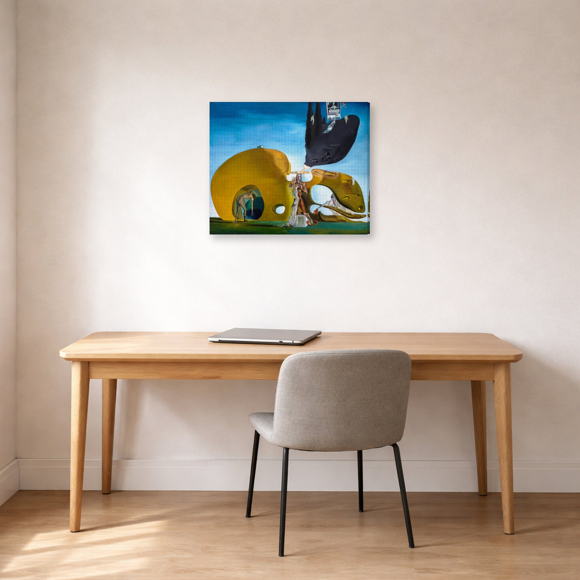 Gallery-wrapped canvas print of Salvador Dali's Birth of Liquid Desires displayed on a wall in a office