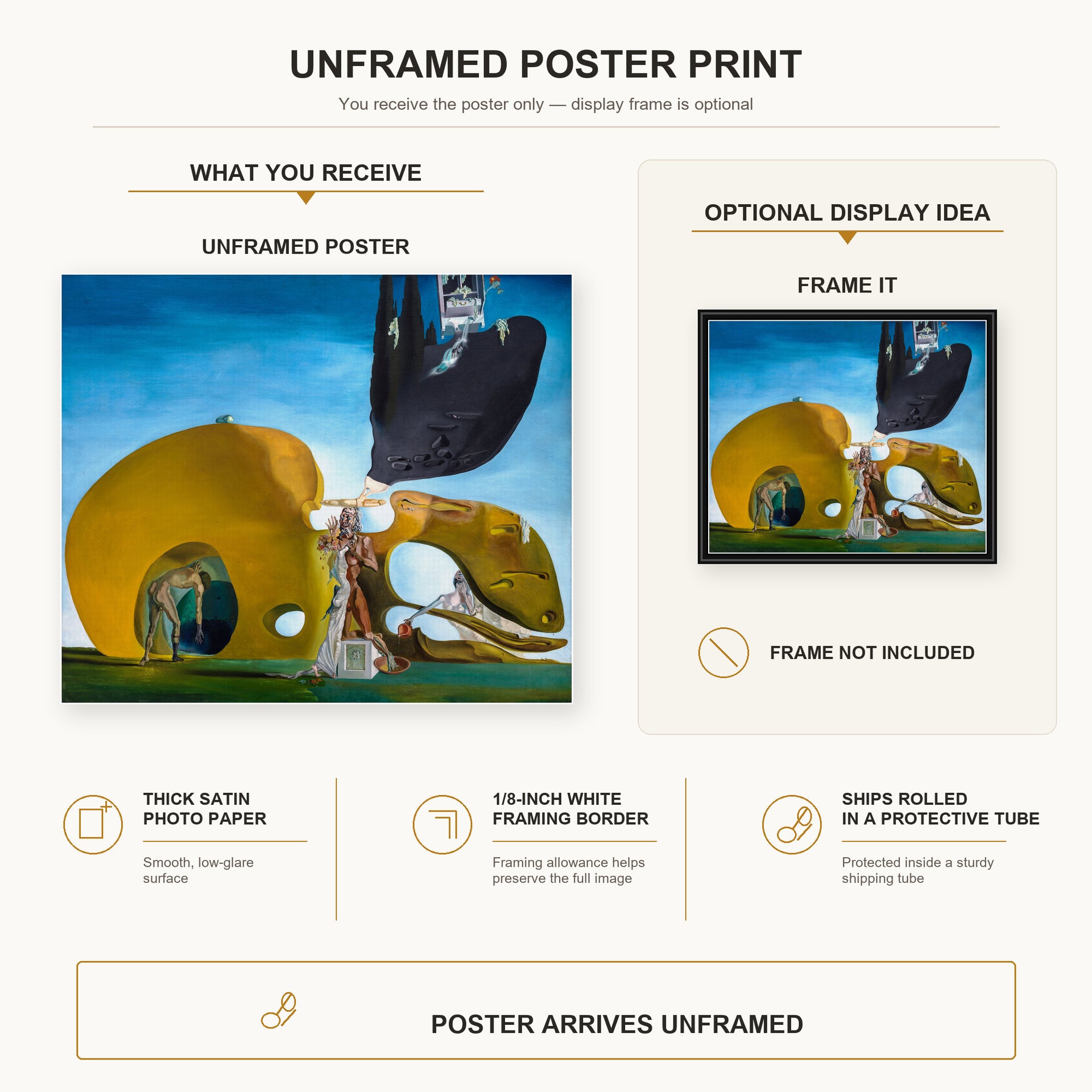 Salvador Dali - Birth of Liquid Desires poster print size comparison and framing display infographic