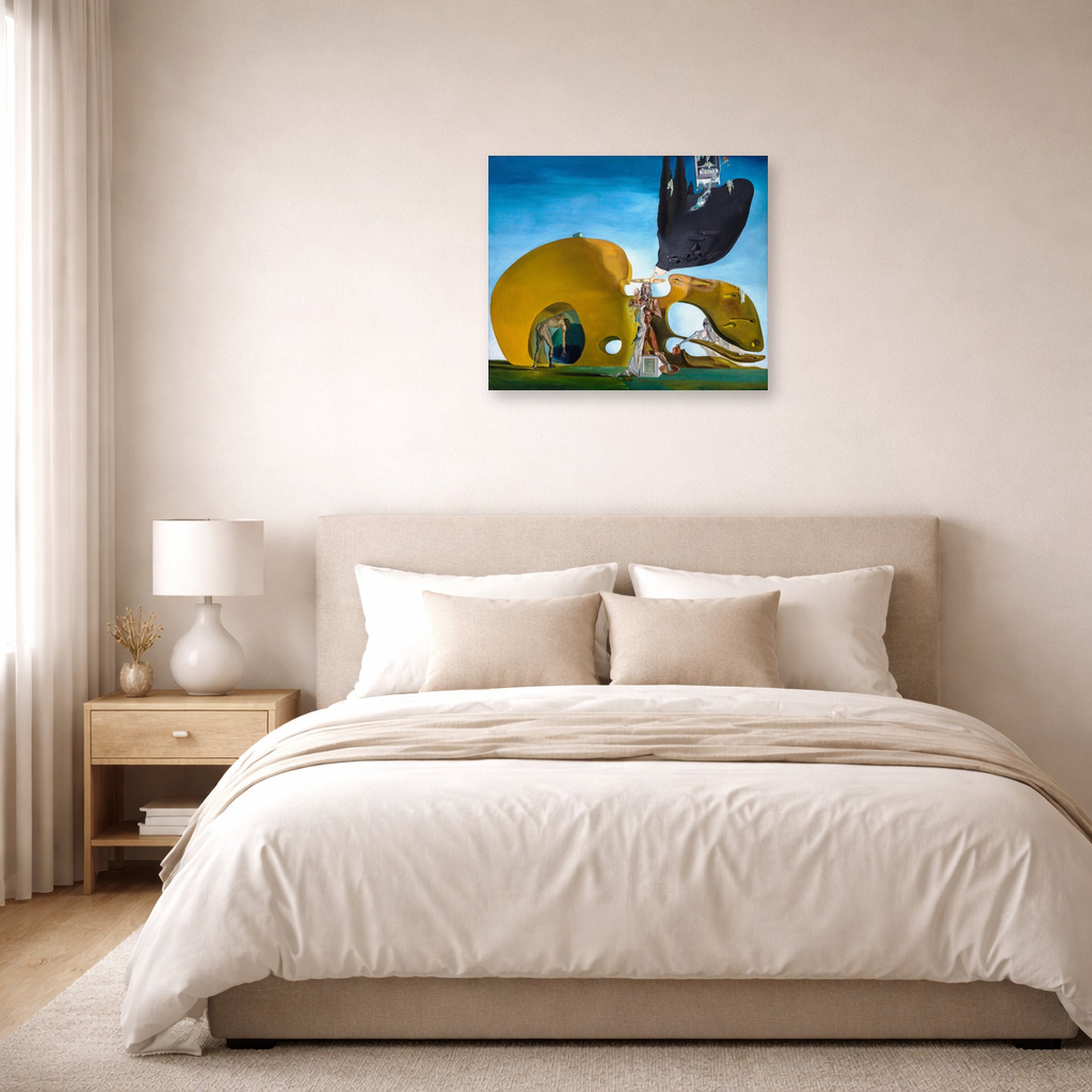 Unframed poster print of Salvador Dali's Birth of Liquid Desires displayed on a wall in a bedroom