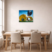 Unframed poster print of Salvador Dali's Birth of Liquid Desires displayed on a wall in a dining room