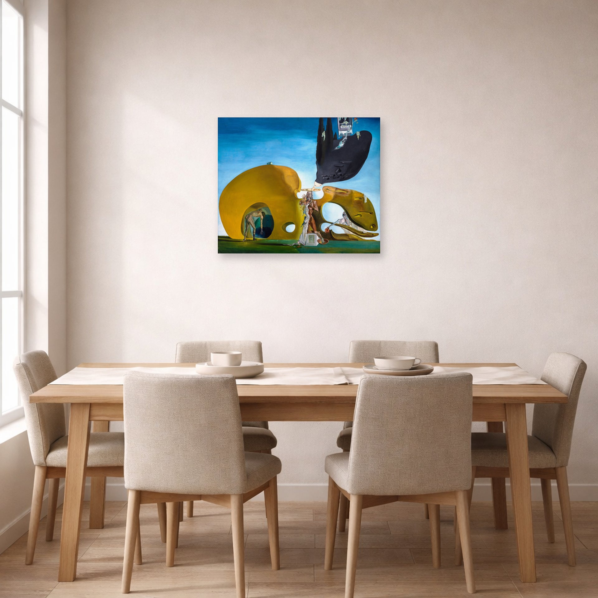 Unframed poster print of Salvador Dali's Birth of Liquid Desires displayed on a wall in a dining room