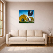 Unframed poster print of Salvador Dali's Birth of Liquid Desires displayed on a wall in a living room