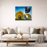 Unframed poster print of Salvador Dali's Birth of Liquid Desires displayed on a wall in a living room