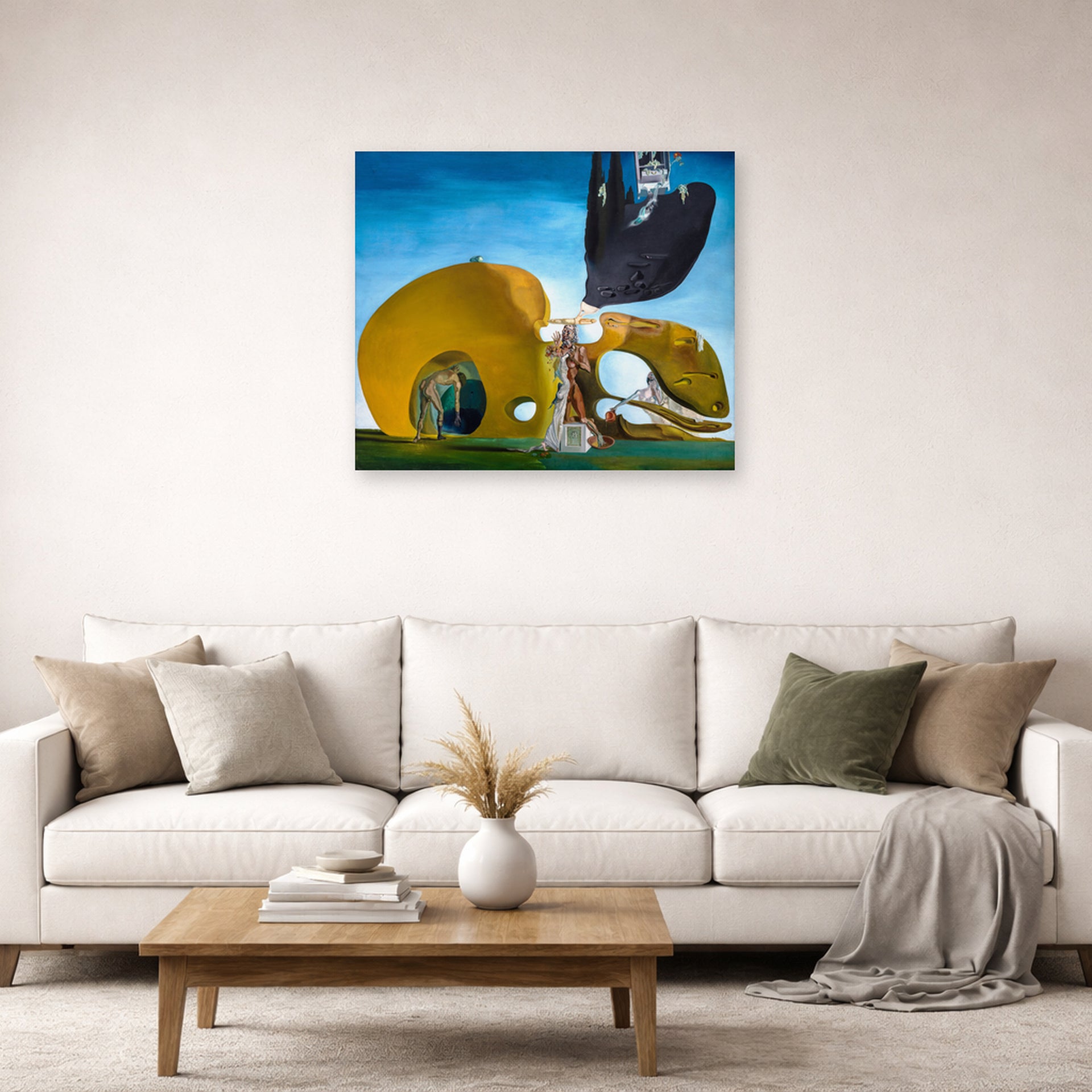 Unframed poster print of Salvador Dali's Birth of Liquid Desires displayed on a wall in a living room