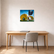 Unframed poster print of Salvador Dali's Birth of Liquid Desires displayed on a wall in a office